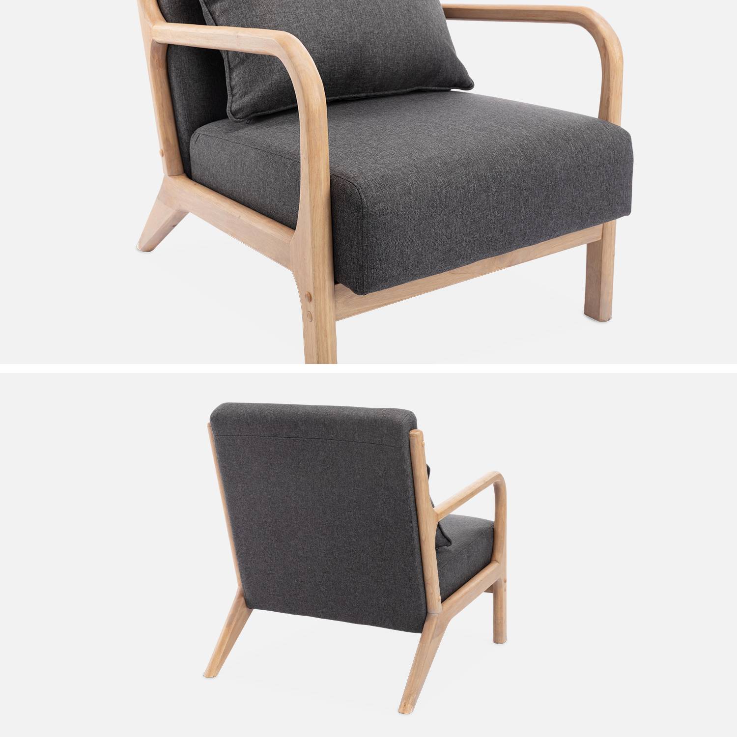 Sillón de diseño de madera y tela, 1 asiento recto fijo, patas de compás escandinavas, armazón de madera maciza, asiento cómodo, gris oscuro,sweeek,Photo6