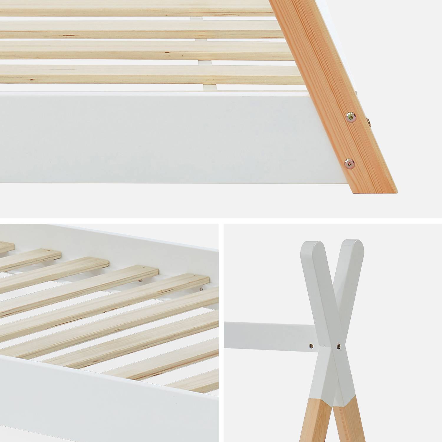 ML-Design Letto Montessori Tipi per Bambini 70 x 140 cm Naturale, in Legno di Pino Massiccio, con Rete a Doghe, Lettino a Terra a Forma di Tenda Indiana, Giroletto a Capanna per