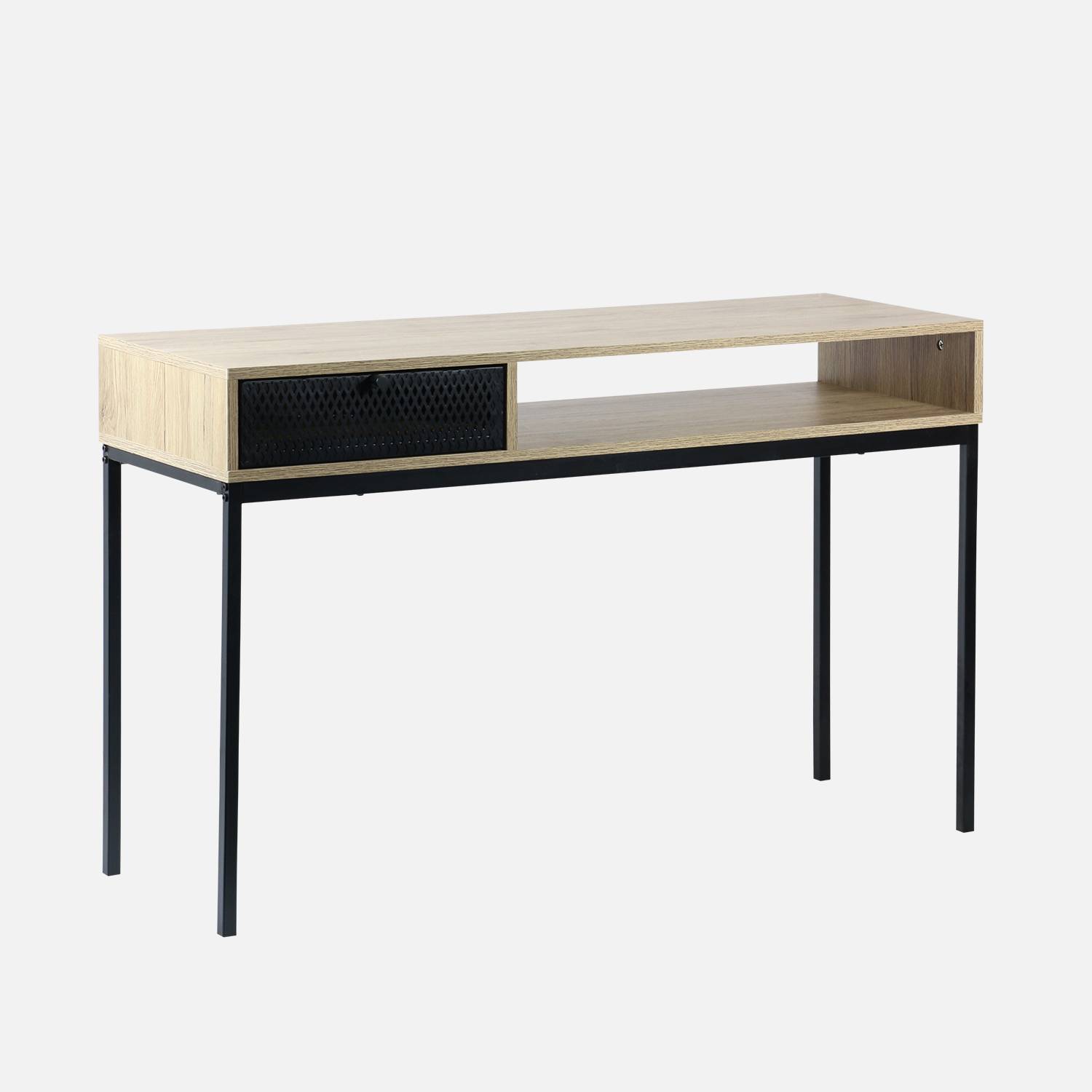 120cm Metal and wood-style hallway console table with storage nook, drawer & industrial metal legs - Brooklyn,sweeek,Photo3