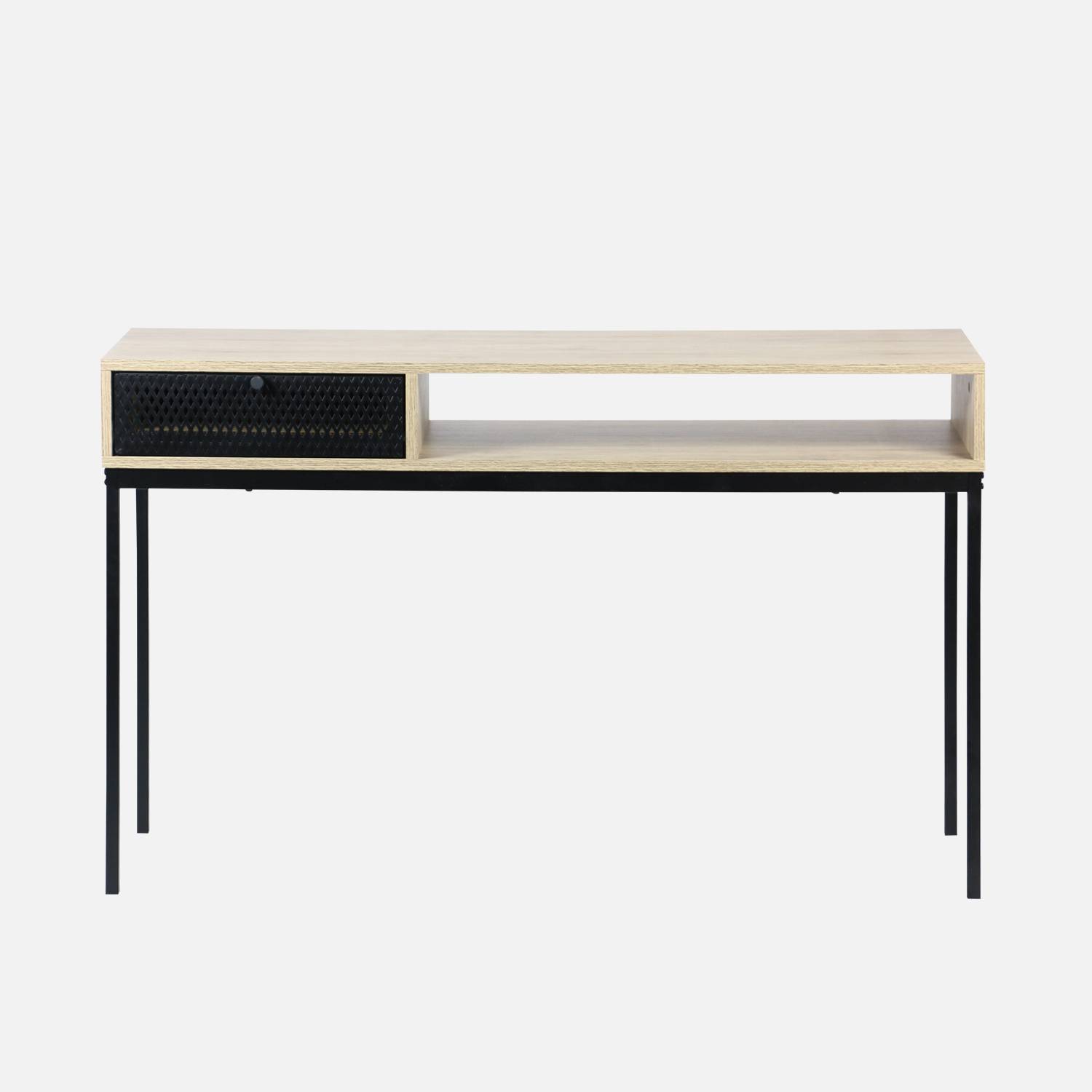 120cm Metal and wood-style hallway console table with storage nook, drawer & industrial metal legs - Brooklyn,sweeek,Photo4