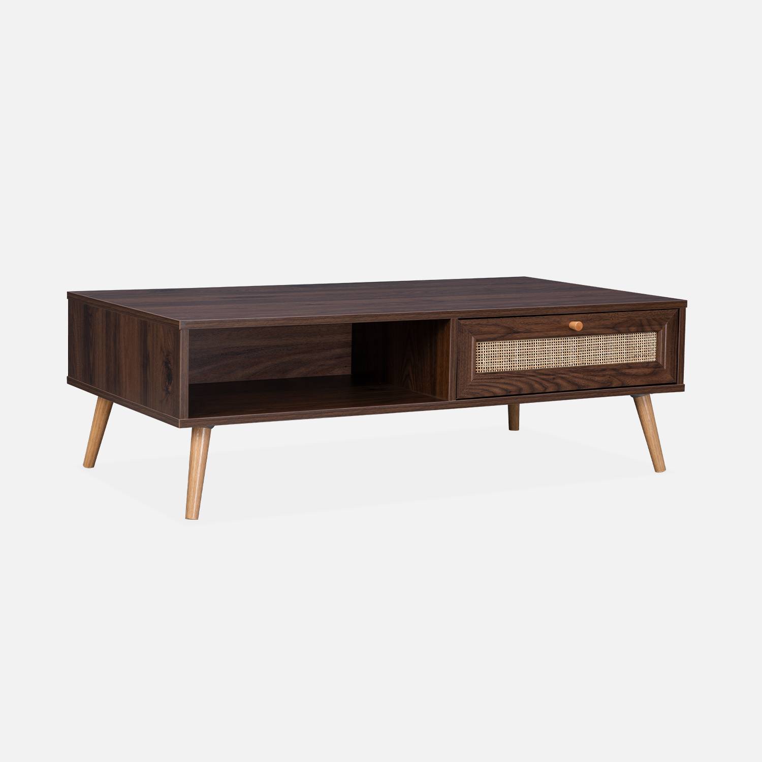 Tavolino cannage 110x59x39cm - Bohème - colore legno scuro, 1 cassetto, 1 vano portaoggetti, gambe scandinave,sweeek,Photo3