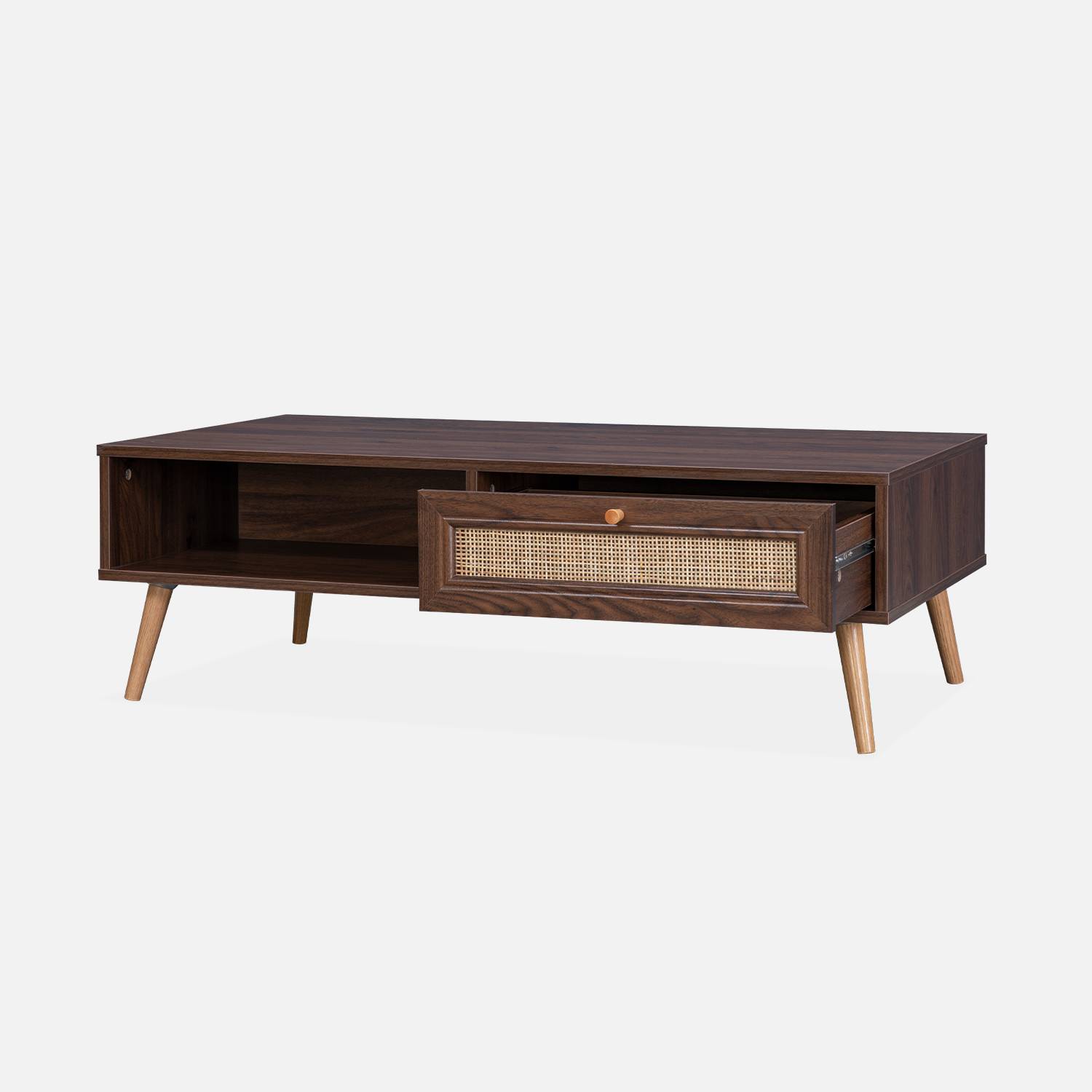 Tavolino cannage 110x59x39cm - Bohème - colore legno scuro, 1 cassetto, 1 vano portaoggetti, gambe scandinave,sweeek,Photo4