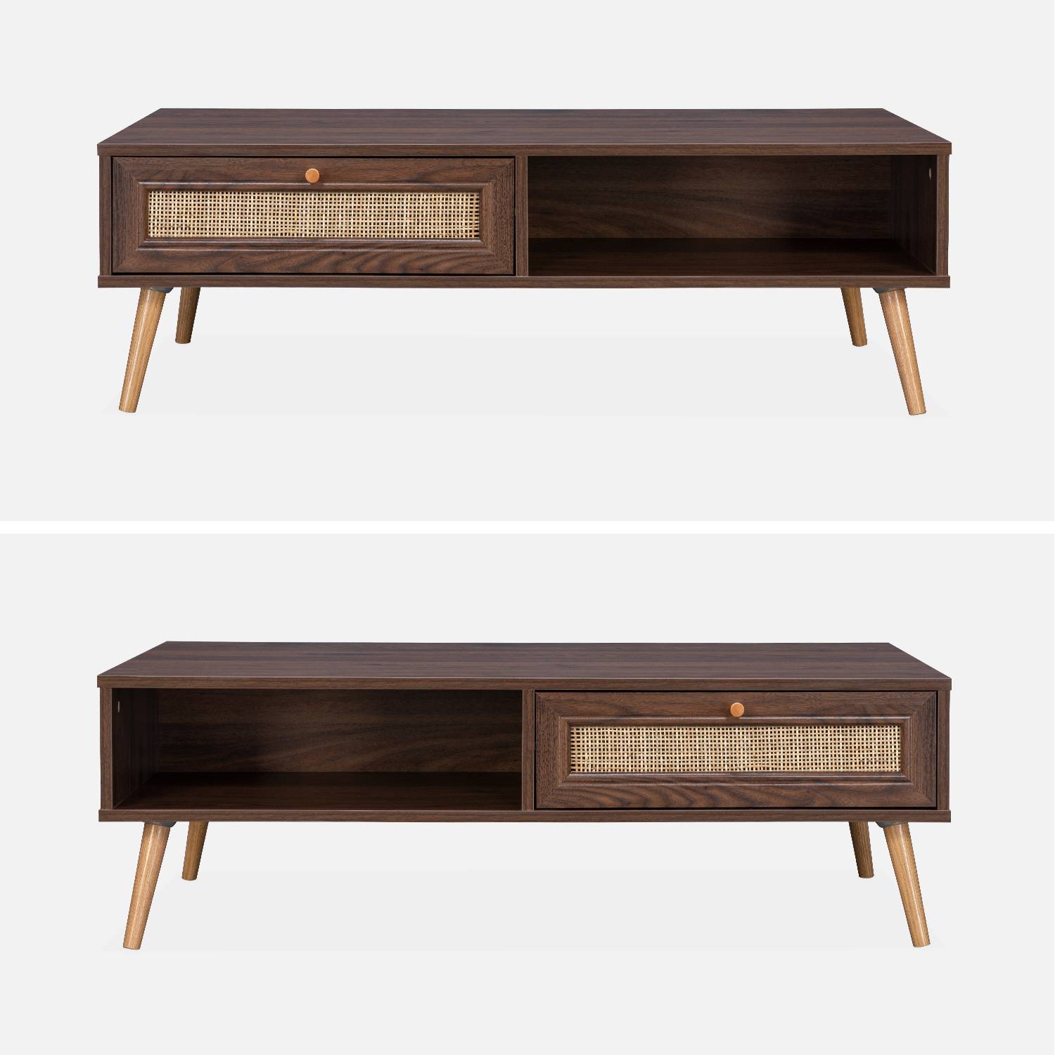  Wood and woven rattan coffee table with storage, 110x59x39cm, dark wood, Boheme,sweeek,Photo2
