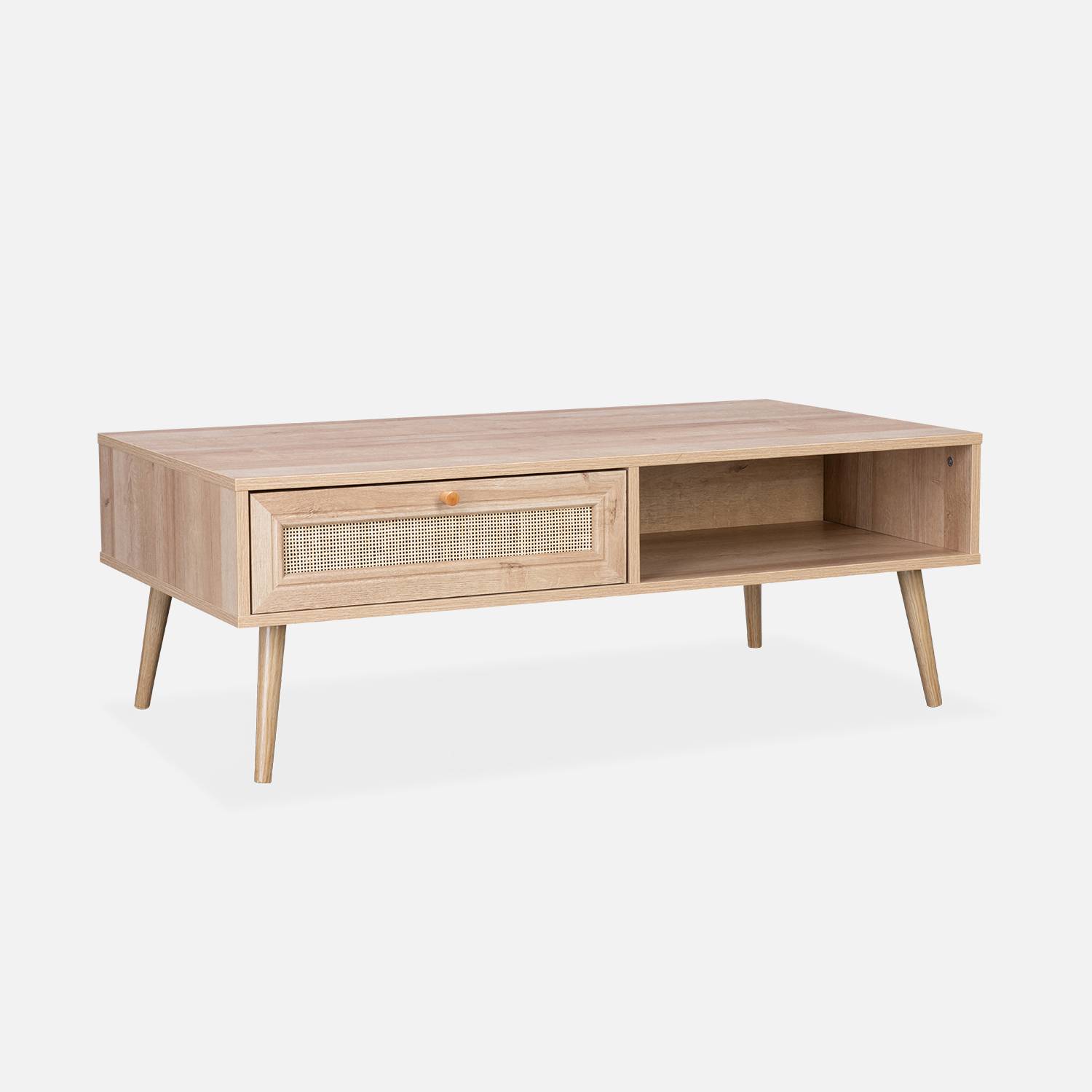Table basse en cannage 110 x 59 x 39 cm - Bohème - Naturel, 1 tiroir, 1 espace de rangement, pieds scandinaves,sweeek,Photo2