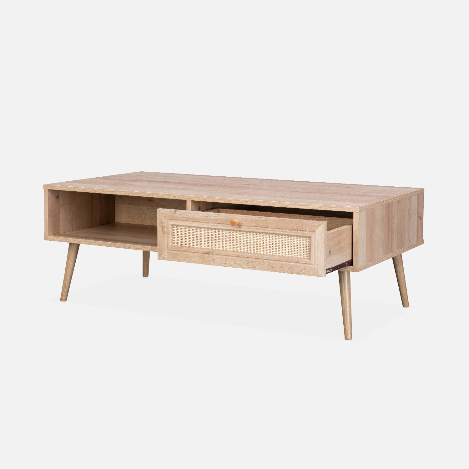 Table basse en cannage 110 x 59 x 39 cm - Bohème - Naturel, 1 tiroir, 1 espace de rangement, pieds scandinaves,sweeek,Photo5
