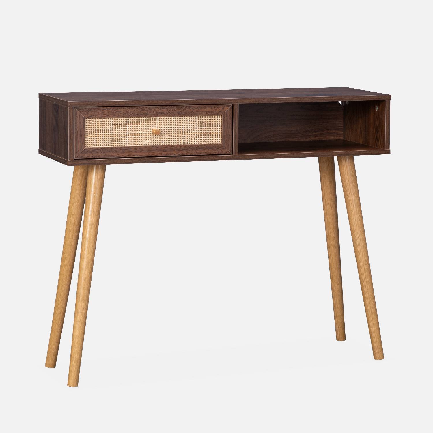 Wood and cane rattan Scandi-style console table, 100x30x81cm - Boheme - Dark wood colour,sweeek,Photo2