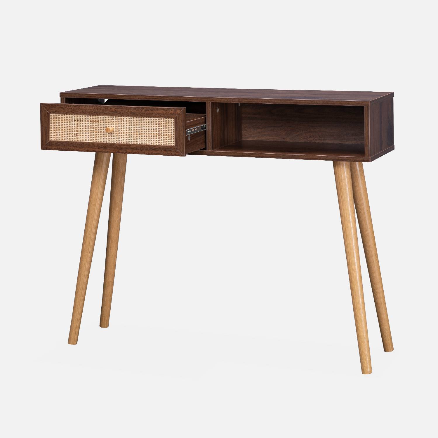 Wood and cane rattan Scandi-style console table, 100x30x81cm - Boheme - Dark wood colour,sweeek,Photo4