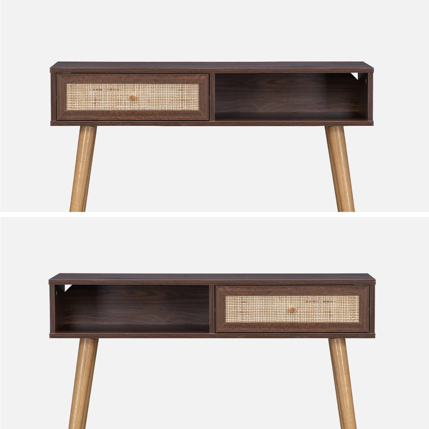 Wood and cane rattan Scandi-style console table, 100x30x81cm - Boheme - Dark wood colour,sweeek,Photo3