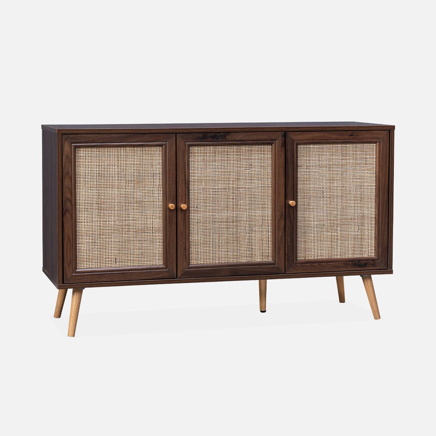 Wooden and cane rattan detail sideboard with Scandi-style legs, Dark wood colour | sweeek