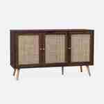 Wooden and cane rattan detail sideboard with 3 doors, 2 shelves, Scandi-style legs, 120x39x70cm - Boheme - Dark wood colour Photo3