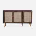 Wooden and cane rattan detail sideboard with 3 doors, 2 shelves, Scandi-style legs, 120x39x70cm - Boheme - Dark wood colour Photo4