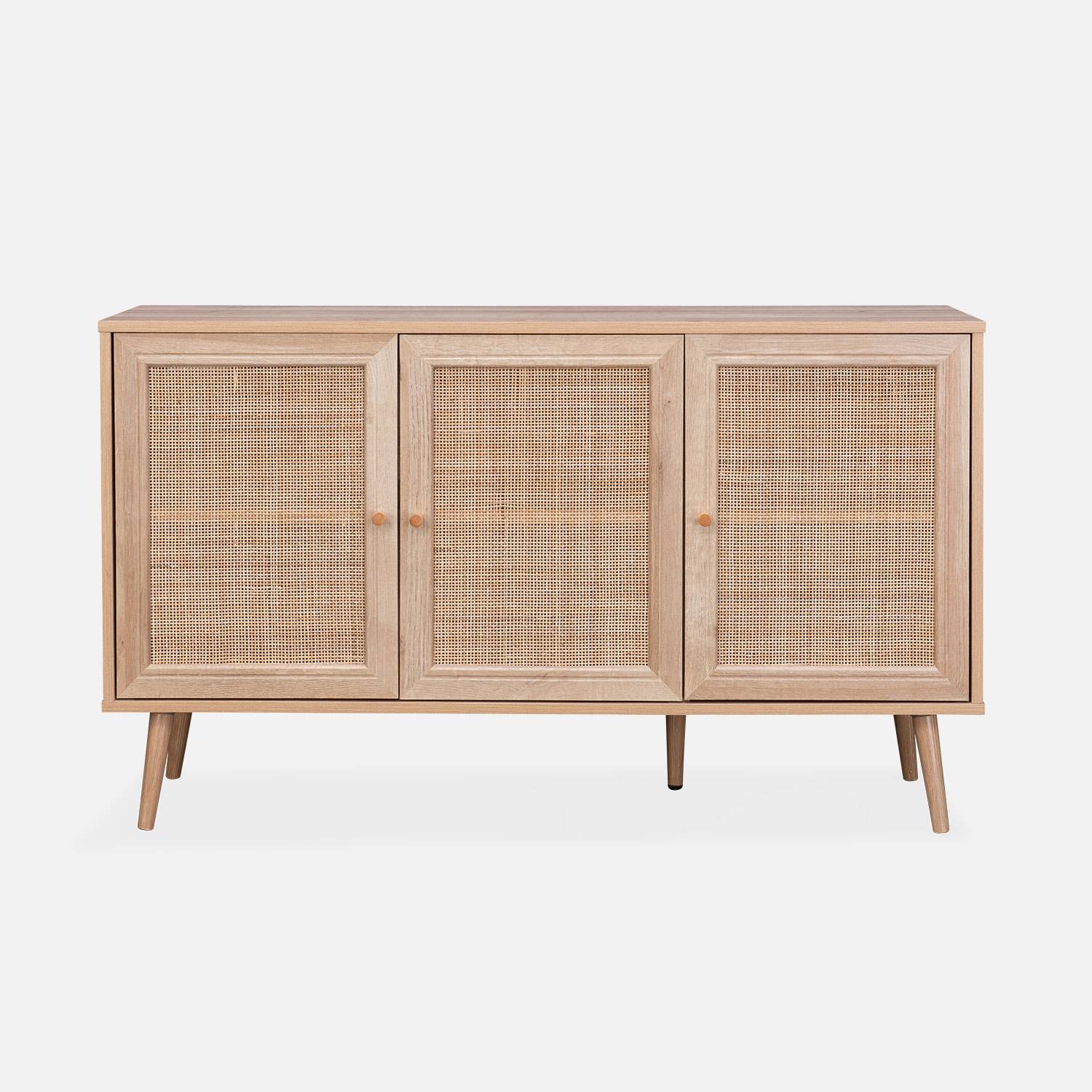 Wooden and cane rattan detail sideboard with 3 doors, 2 shelves, Scandi-style legs, 120x39x70cm - Boheme - Natural wood colour,sweeek,Photo4