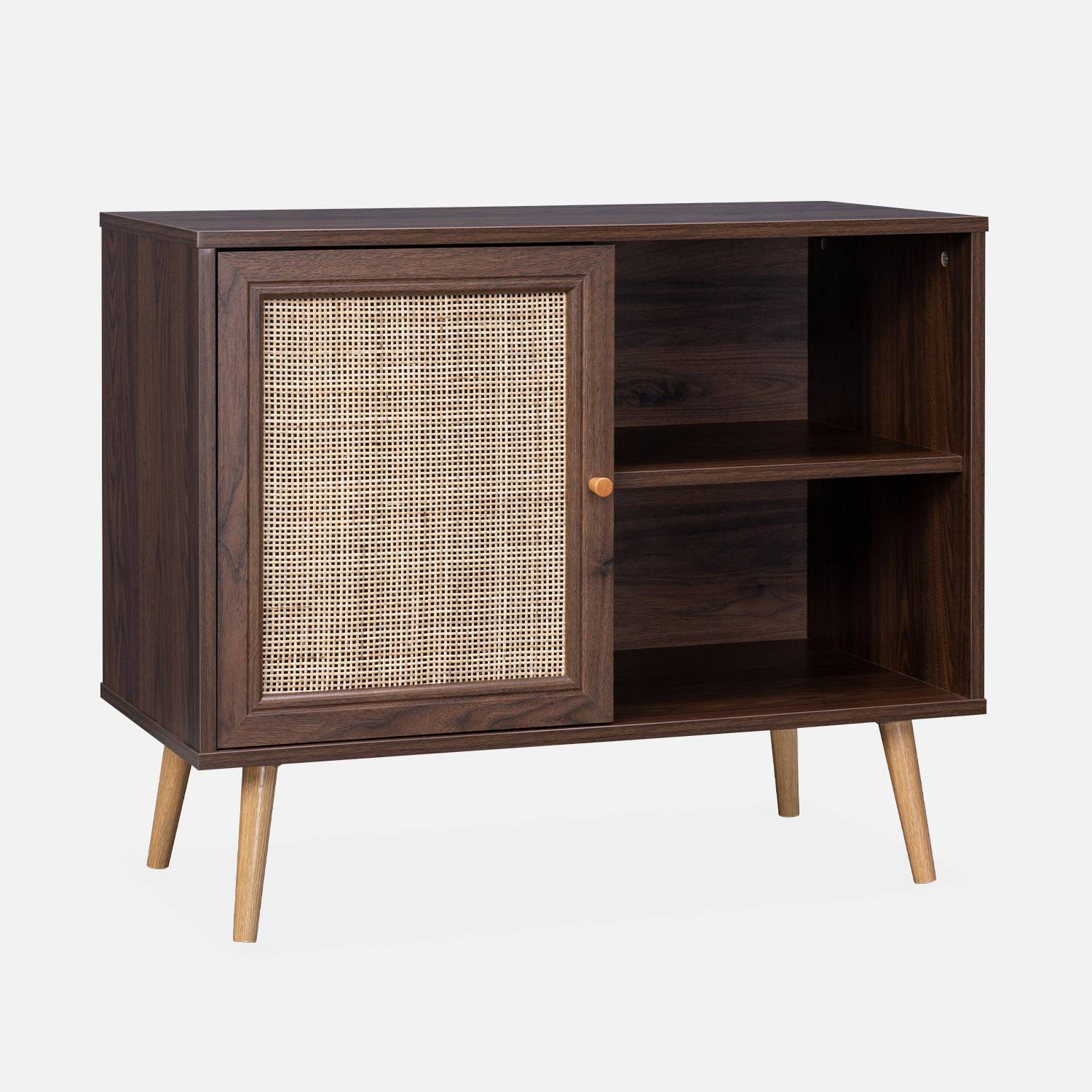 Wooden and cane rattan detail storage cabinet with 2 shelves, 1 cupboard, Scandi-style legs, 80x39x65.8cm - Boheme - Dark wood colour,sweeek,Photo2