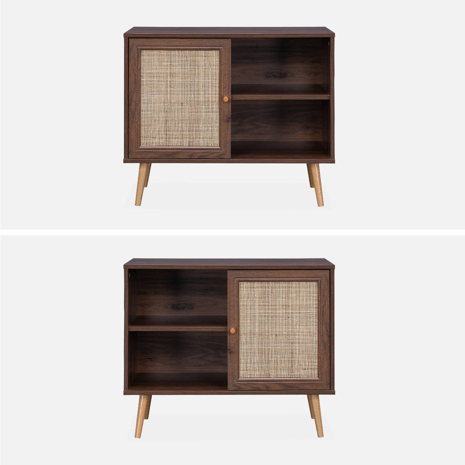 Wooden and cane rattan detail storage cabinet with 2 shelves, 1 cupboard, Scandi-style legs, 80x39x65.8cm - Boheme - Dark wood colour,sweeek,Photo3
