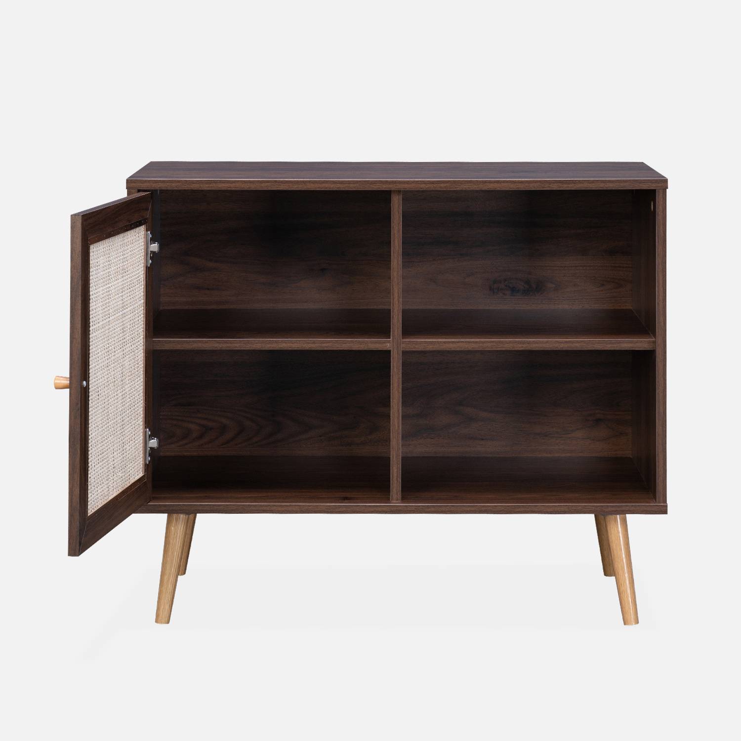 Wooden and cane rattan detail storage cabinet with 2 shelves, 1 cupboard, Scandi-style legs, 80x39x65.8cm - Boheme - Dark wood colour,sweeek,Photo4