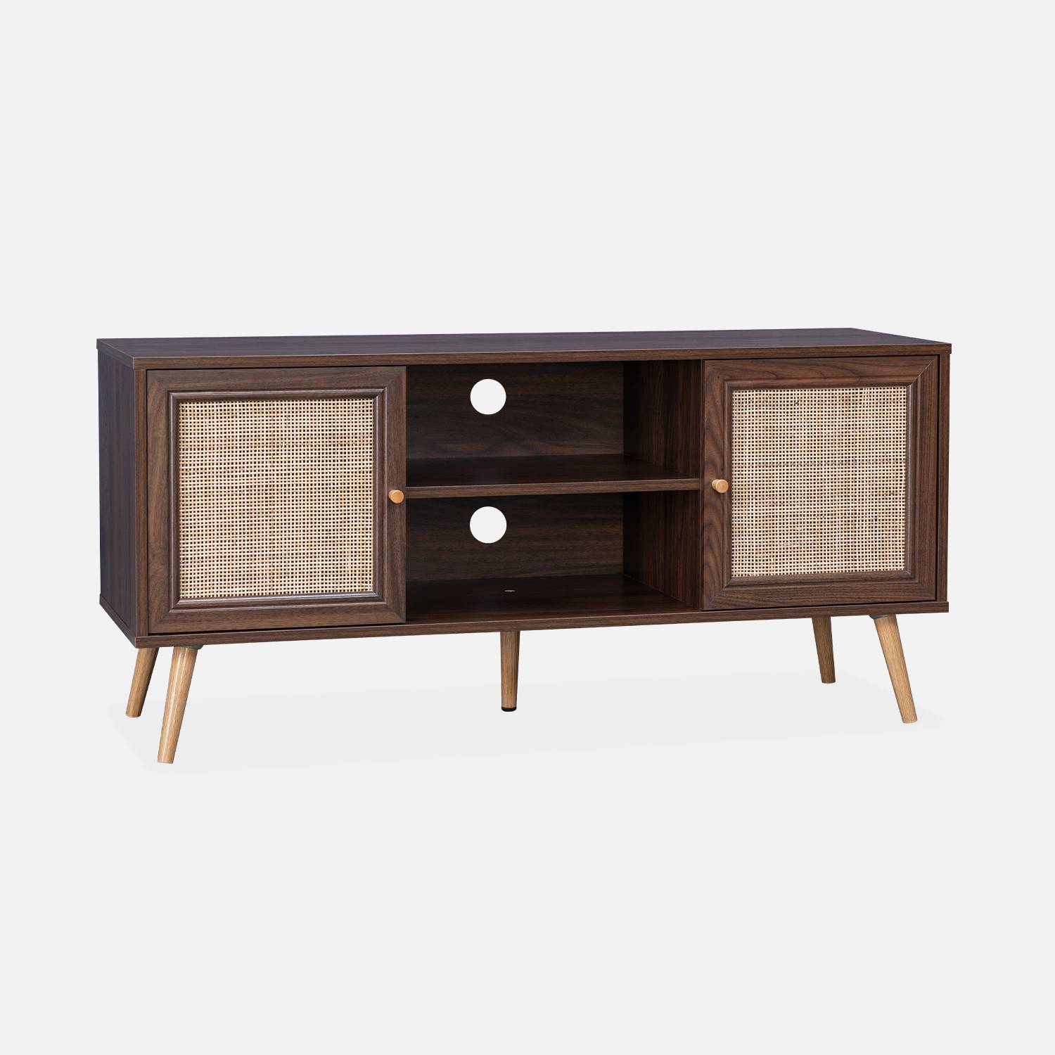 Scandi-style wood and cane rattan TV stand, 120x39x56.5cm, Dark wood | sweeek
