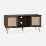 Scandi-style wood and cane rattan TV stand, 2 shelves, 2 doors, 120x39x56.5cm - Boheme - Dark wood Photo3