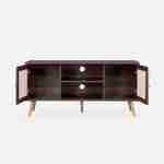 Scandi-style wood and cane rattan TV stand, 2 shelves, 2 doors, 120x39x56.5cm - Boheme - Dark wood Photo5