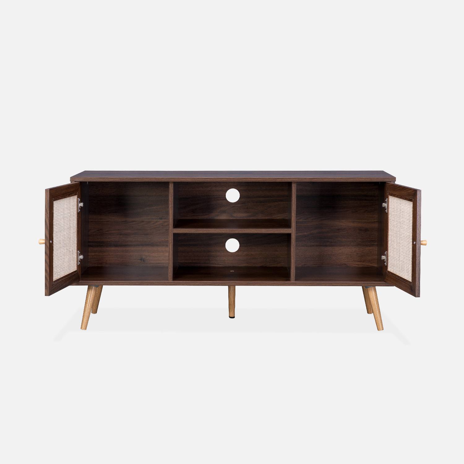 Scandi-style wood and cane rattan TV stand, 2 shelves, 2 doors, 120x39x56.5cm - Boheme - Dark wood Photo5