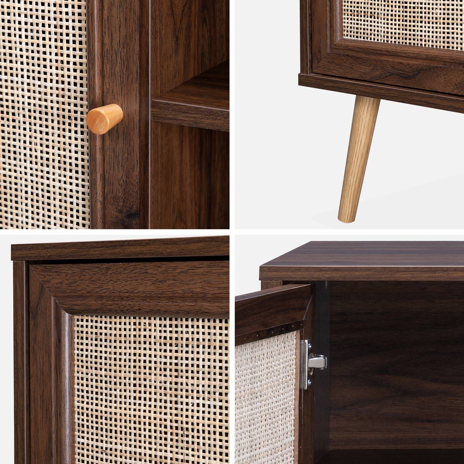 Scandi-style wood and cane rattan TV stand, 2 shelves, 2 doors, 120x39x56.5cm - Boheme - Dark wood,sweeek,Photo6