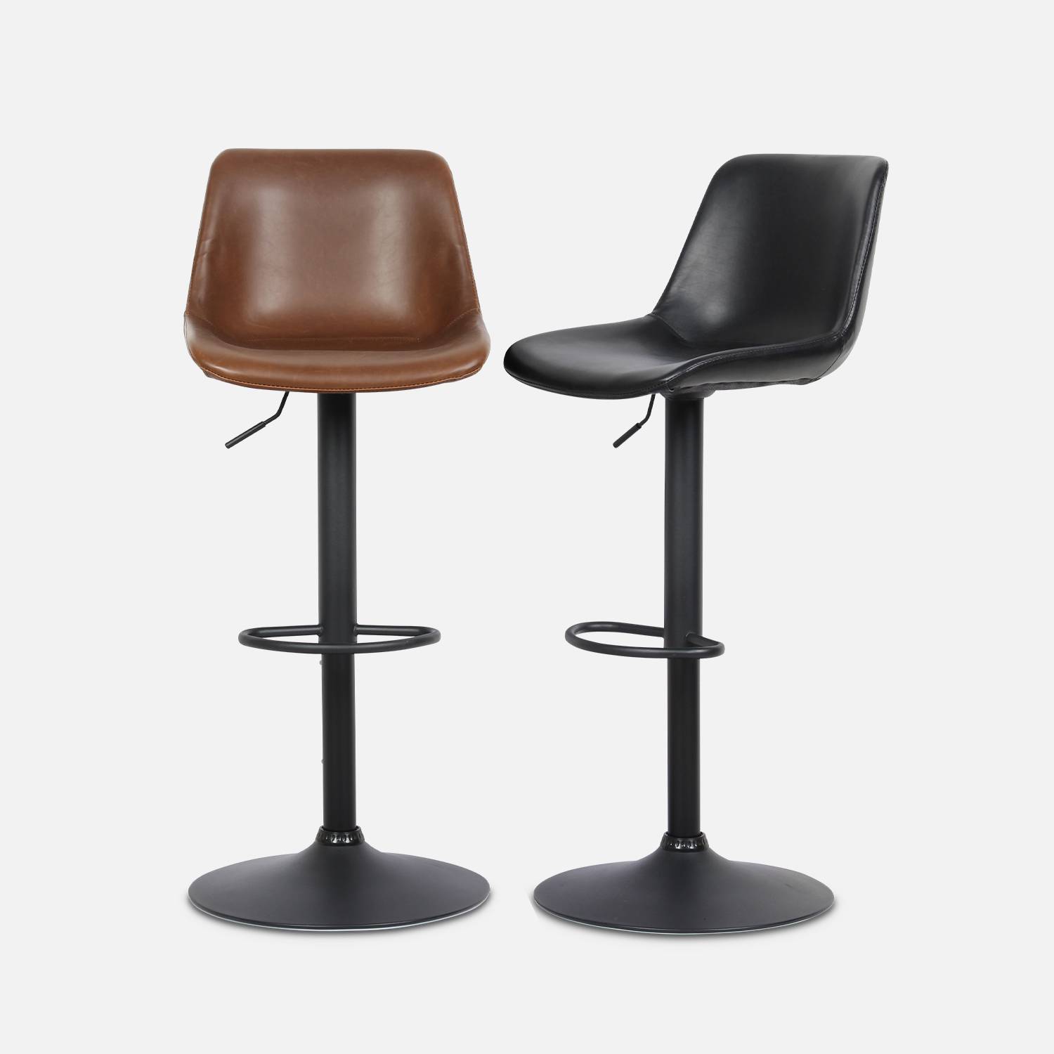 Pair of faux leather, square backrest, adjustable bar stools, seat height 61.5 - 83.5cm - Noah - Black Photo8