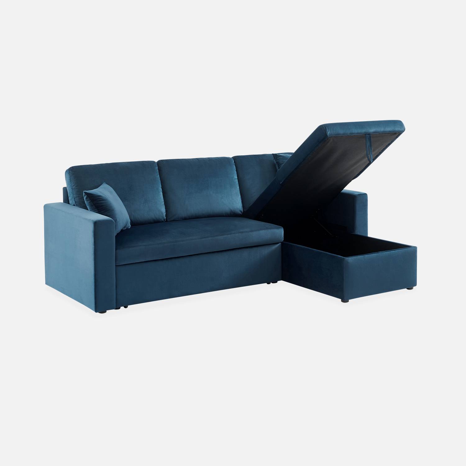 Petroleumblauwe velours bedbank met chaise longue en opbergruimte - IDA - 3-zits, omkeerbare hoeksalon, opbergruimte, zetelbed,sweeek,Photo6