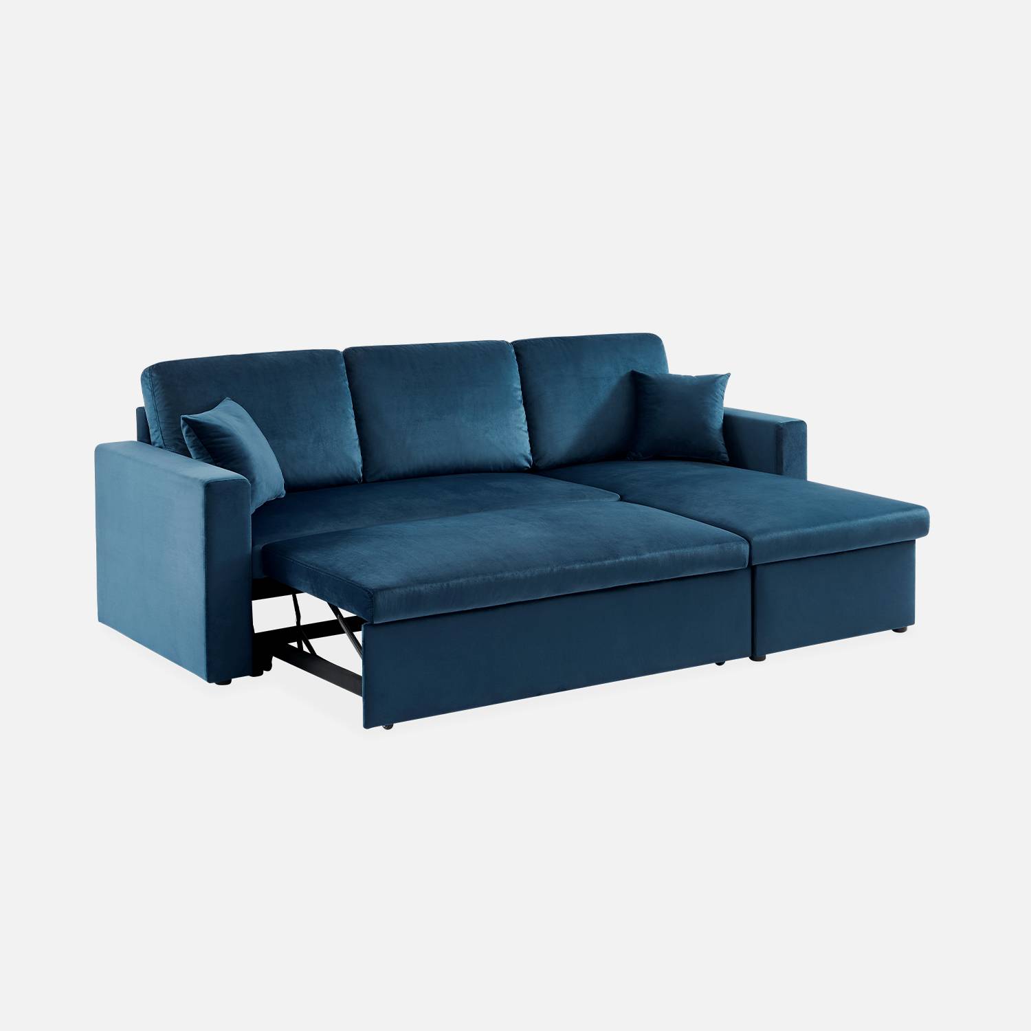 Petroleumblauwe velours bedbank met chaise longue en opbergruimte - IDA - 3-zits, omkeerbare hoeksalon, opbergruimte, zetelbed,sweeek,Photo8