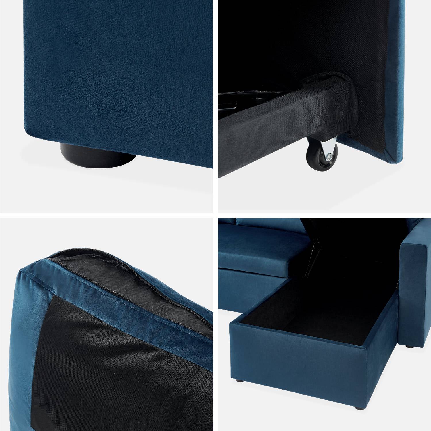 Petroleumblauwe velours bedbank met chaise longue en opbergruimte - IDA - 3-zits, omkeerbare hoeksalon, opbergruimte, zetelbed,sweeek,Photo7