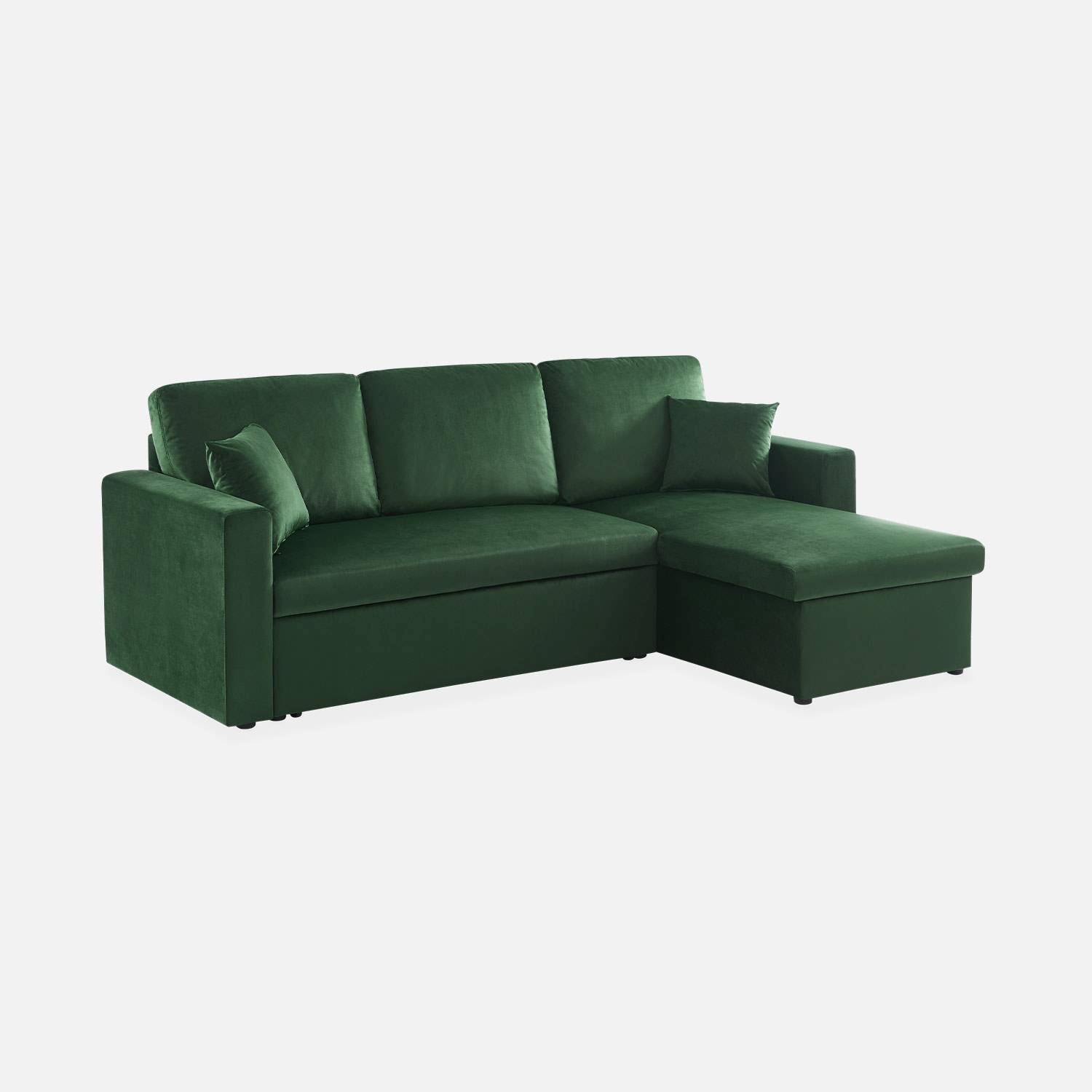 Divano letto angolare reversibile in velluto con contenitore, 3 posti Verde inglese - 220x146x83 cm,sweeek,Photo8