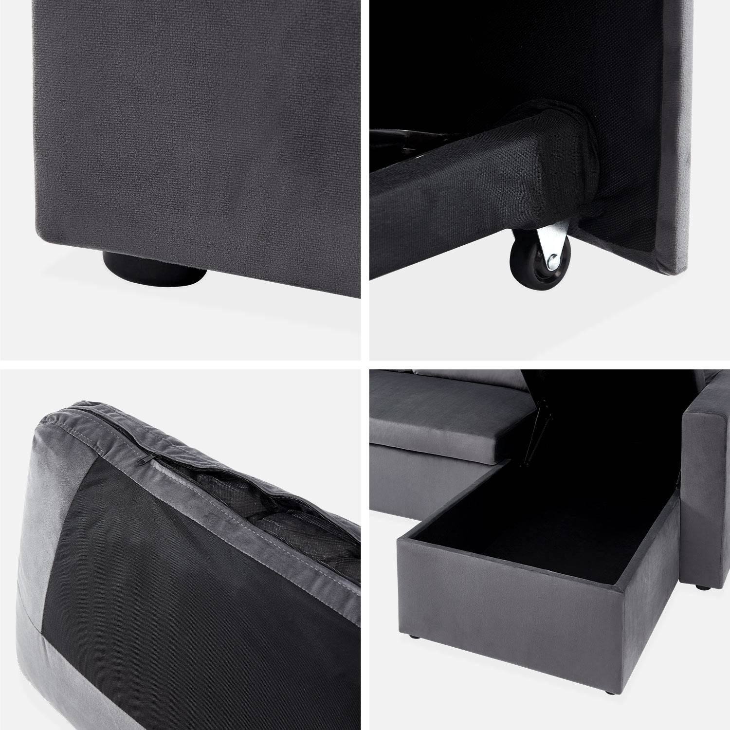 Sofá esquinero convertible de 3 plazas de terciopelo gris oscuro, sillón esquinero reversible, caja de almacenaje, cama modular,sweeek,Photo9
