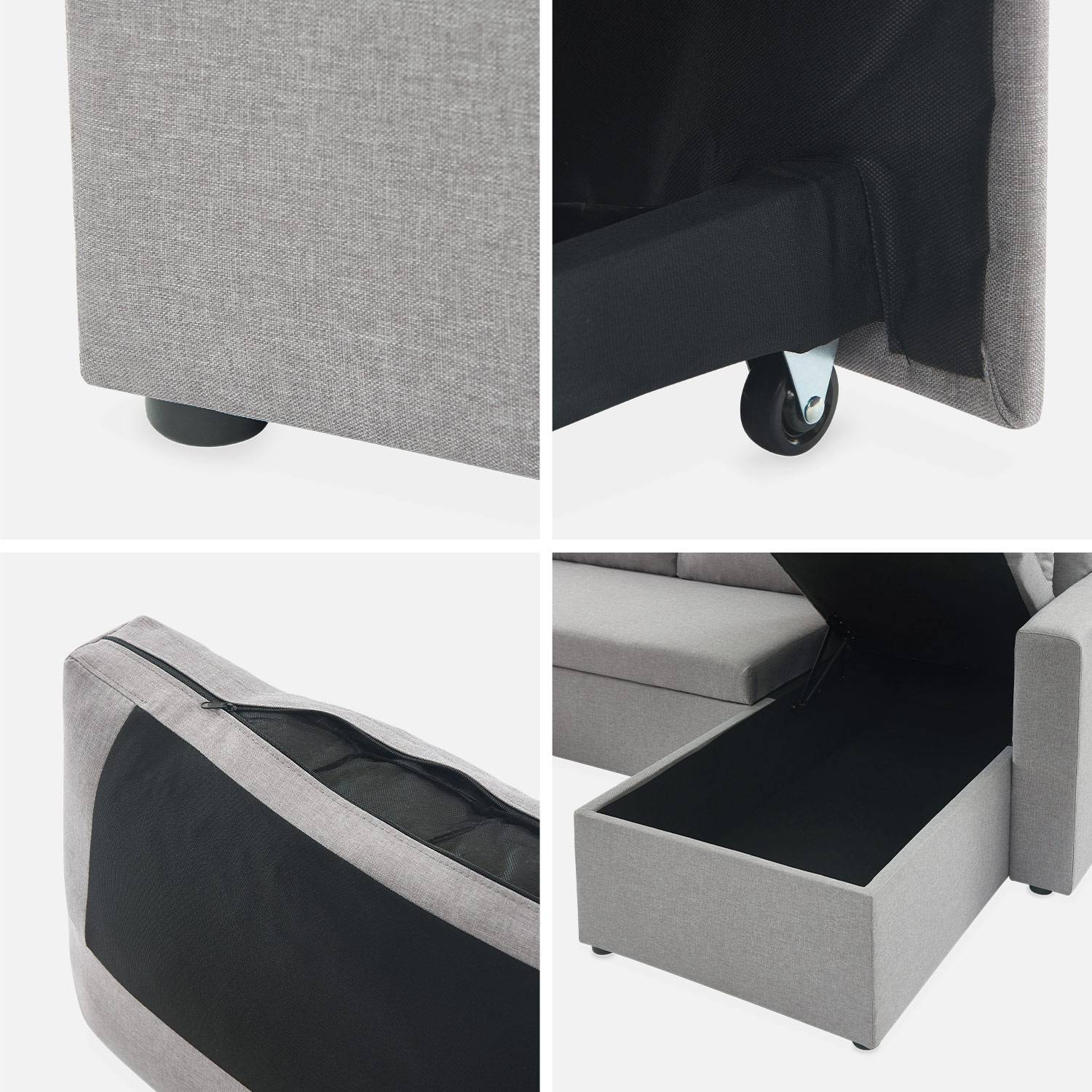 Canapé panoramique convertible en tissu gris clair, 4 places, coffre rangement, lit modulable ,sweeek,Photo11