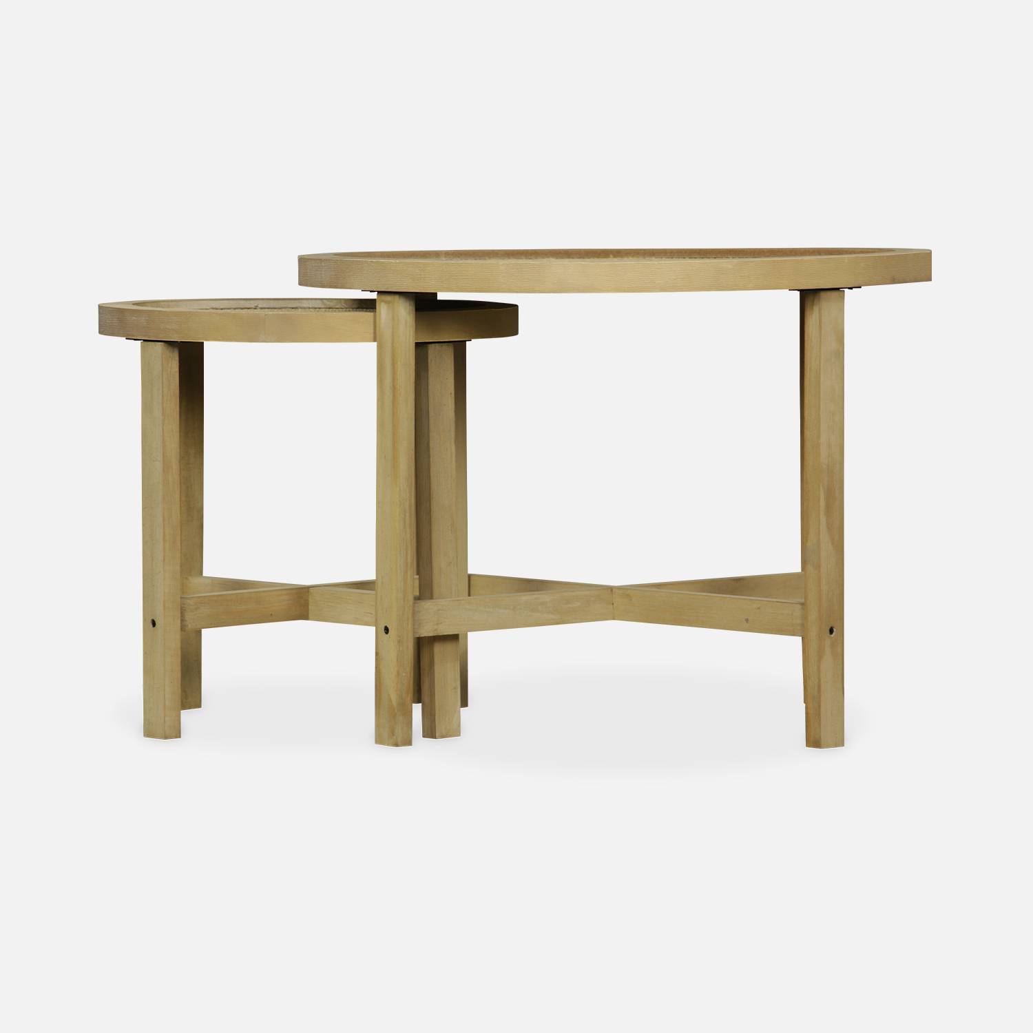 Conjunto de 2 mesas de nidificação redondas com estrutura de madeira de abeto e efeito de cana - Olivia - embutida, Ø60 x A 45cm / Ø40 x A 40cm Photo4