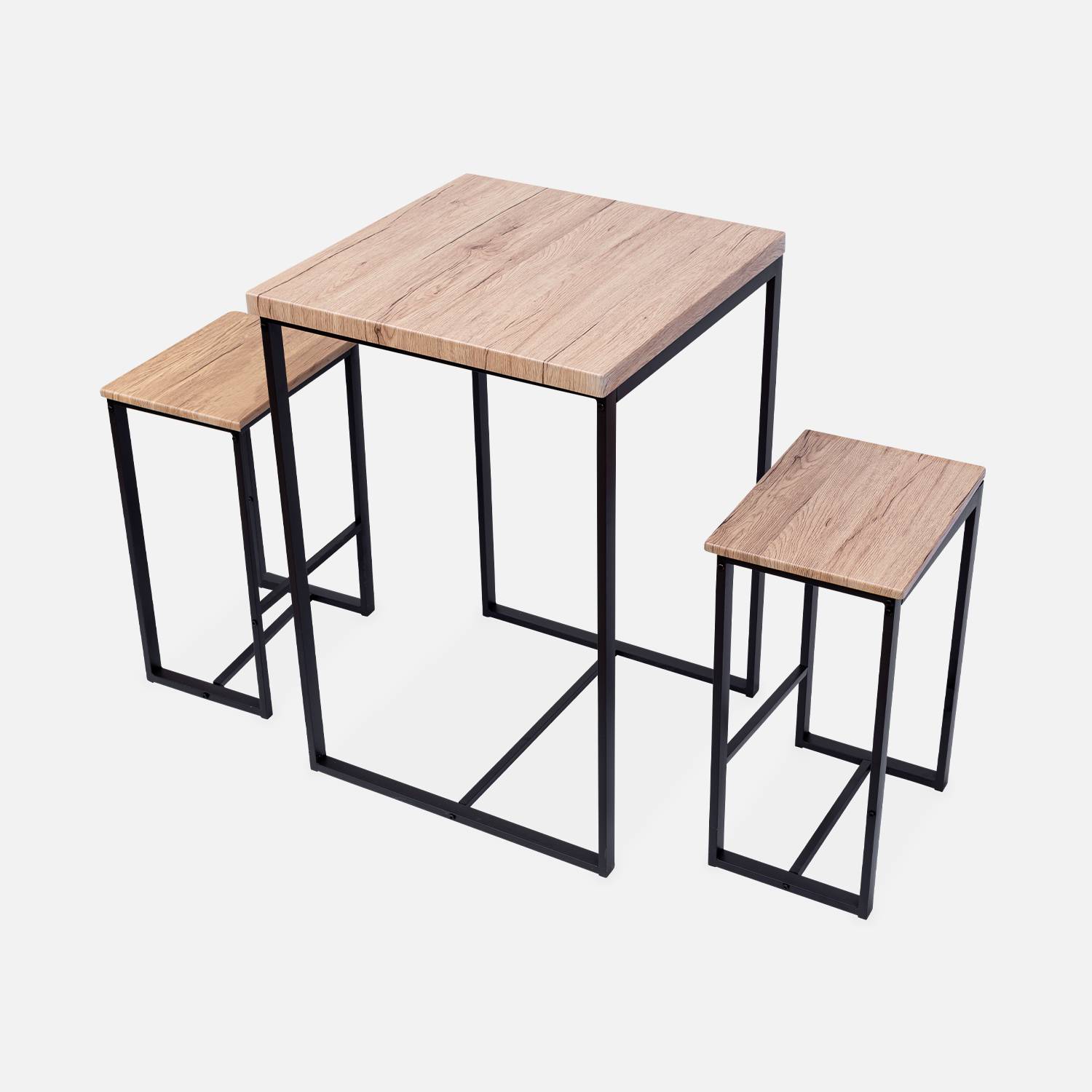 Set di tavoli alti quadrati - Loft - con 2 sgabelli da bar, decoro in acciaio e legno, da incasso, design Photo3