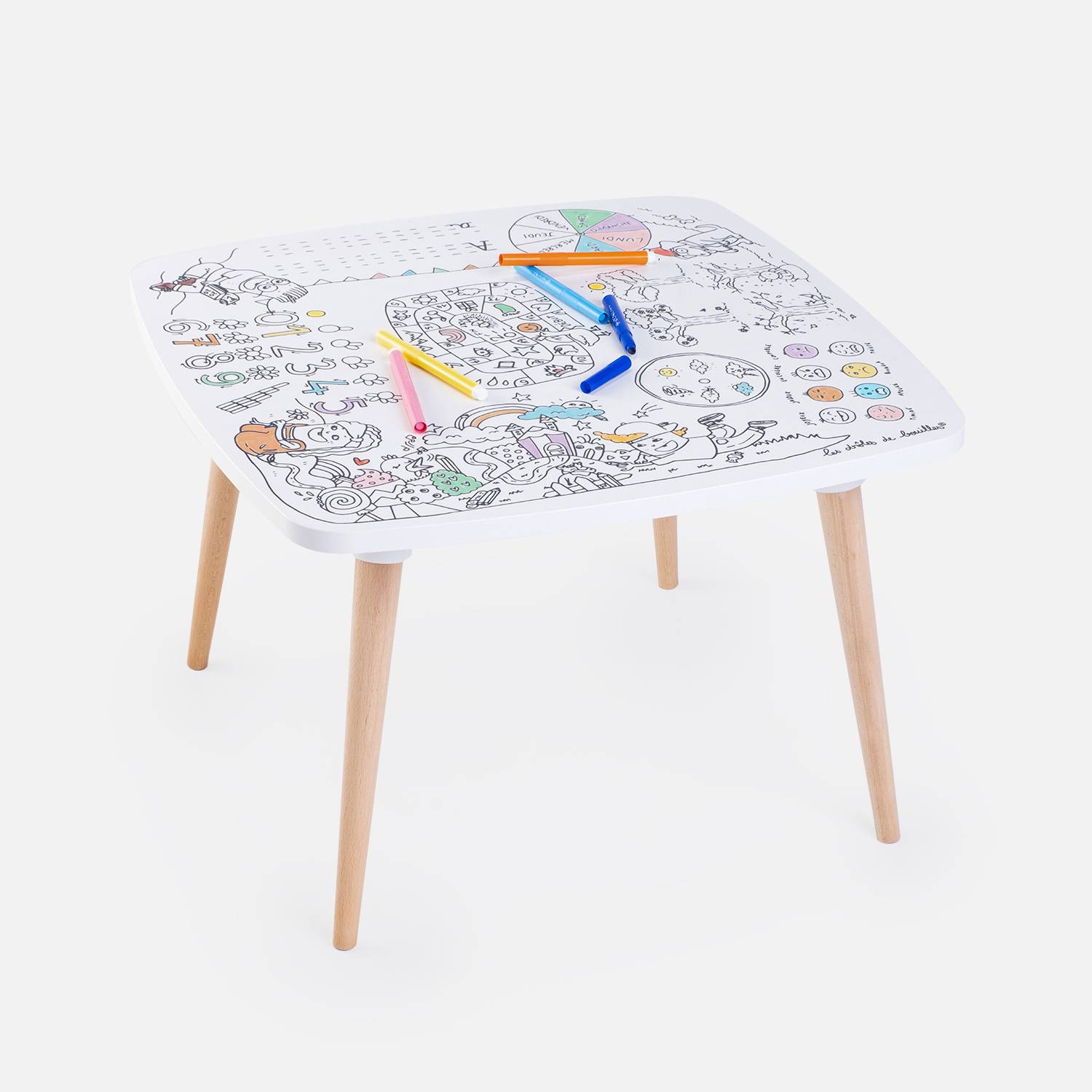 Tavolo da colorare per bambini. Made in Europe, cancellabile, 60x60cm, gambe in legno rotonde, pennarelli in dotazione Photo2