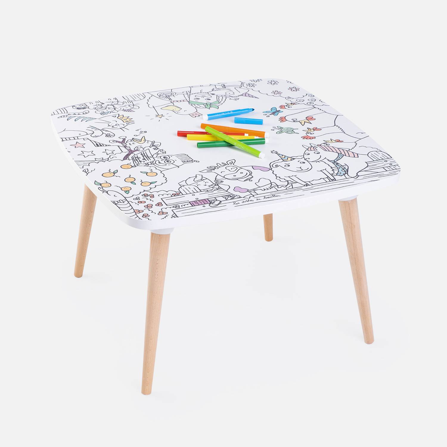 Tavolo da colorare per bambini. Made in Europe, cancellabile, 60x60cm, gambe di legno rotonde, pennarelli in dotazione Photo2