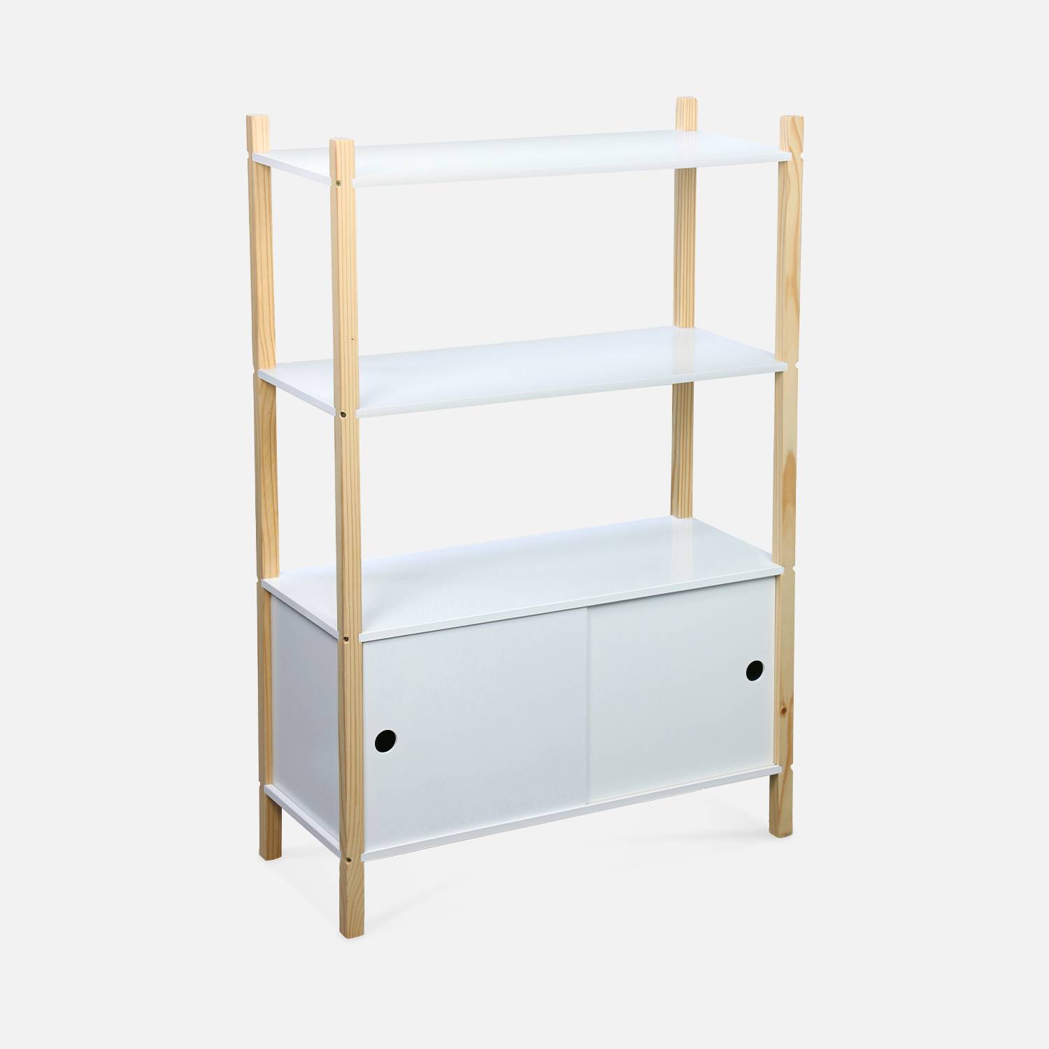 Children's bookcase with 3 shelves, two sliding doors, 70x30x106.5cm - Tobias - natural pine, painted White Photo3