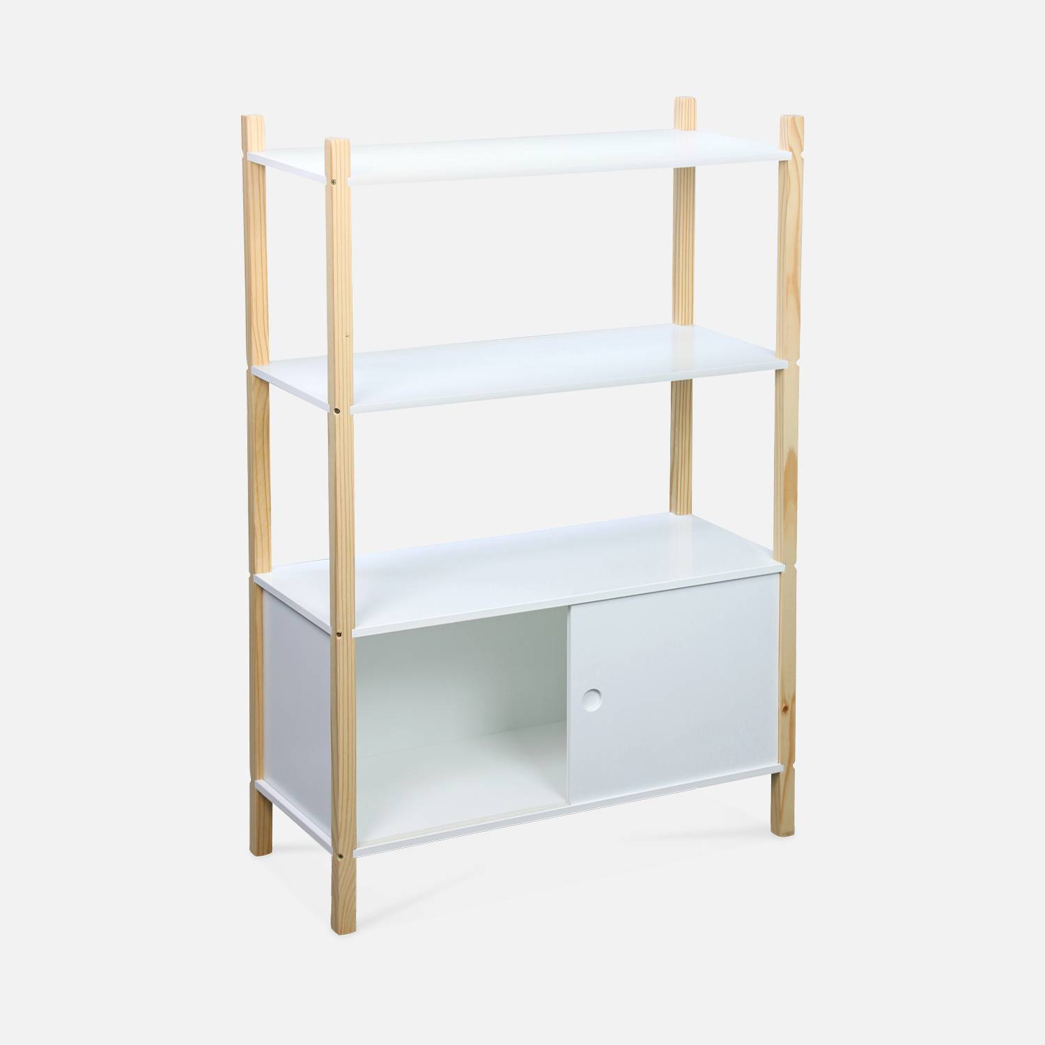 Children's bookcase with 3 shelves, two sliding doors, 70x30x106.5cm - Tobias - natural pine, painted White,sweeek,Photo5