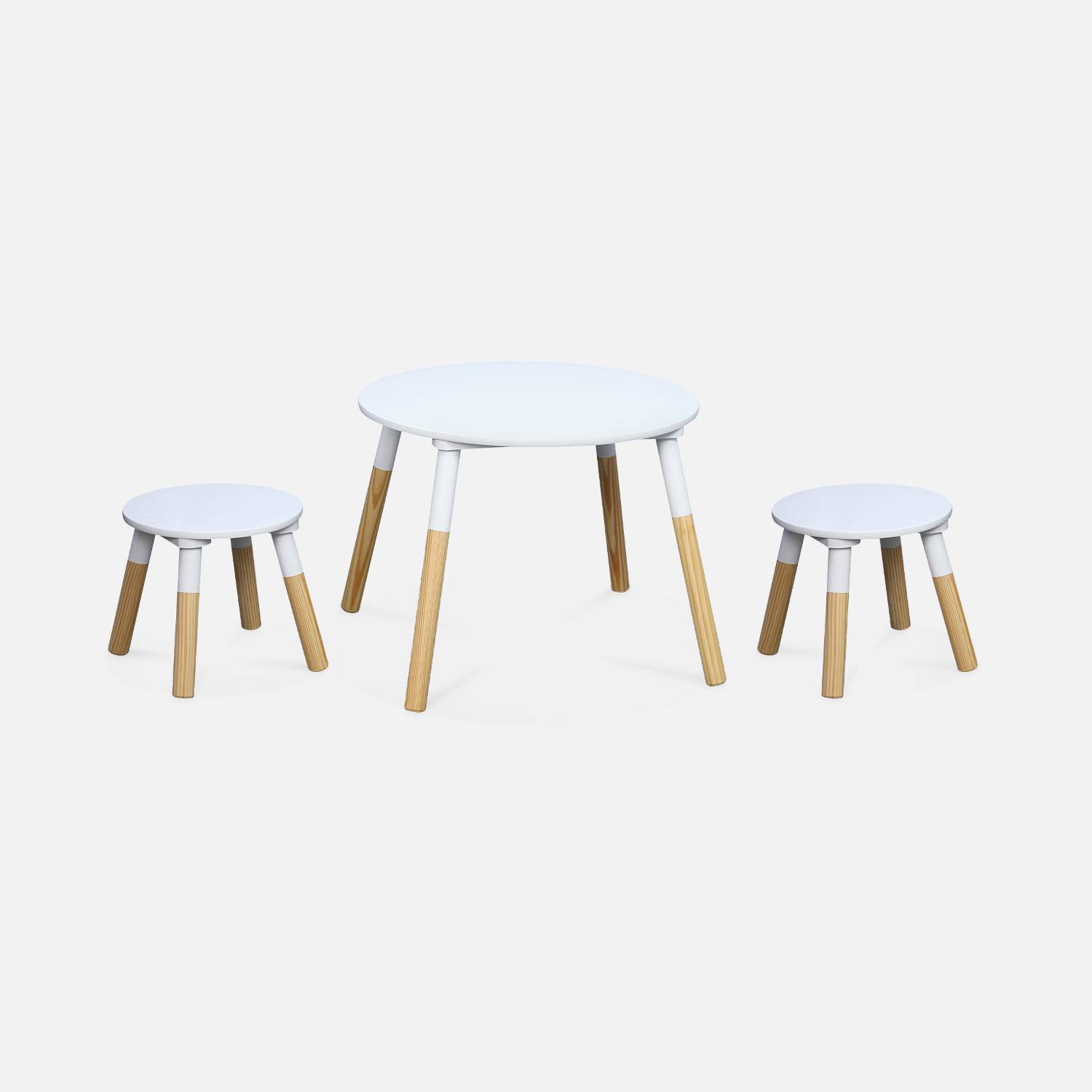 Children's round table with two stools, 55x55x43cm - Tobias - natural pine, painted White,sweeek,Photo4