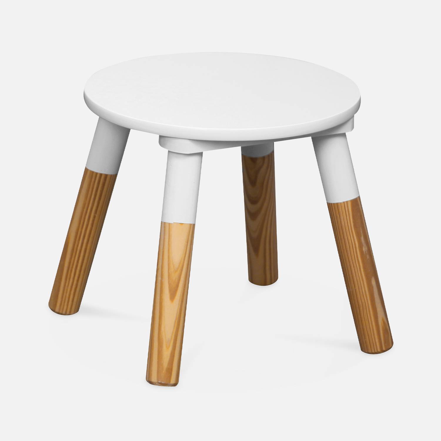 Tavolo rotondo per bambini, due sgabelli TOBIAS - legno massello in pino naturale bianco - Ø55 x H43CM Photo6