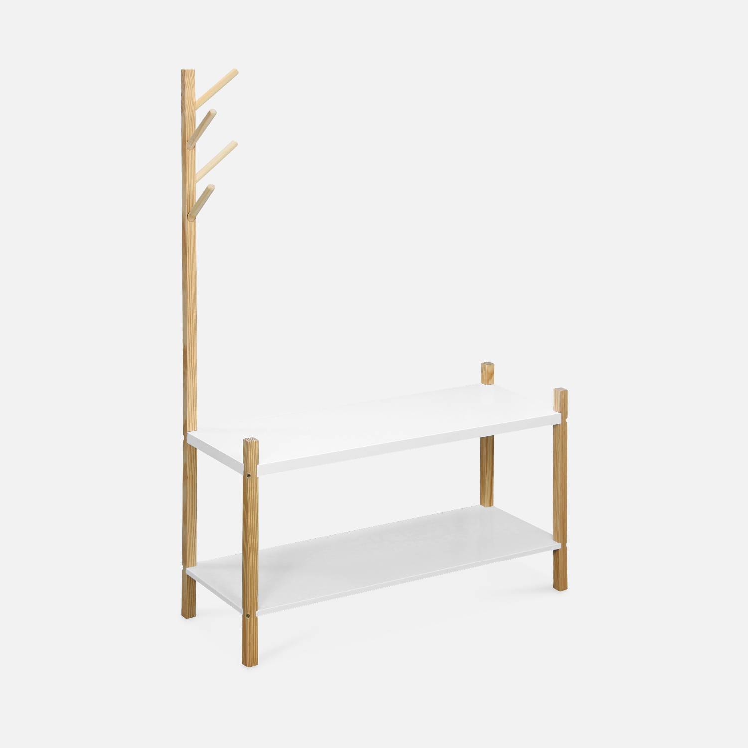 Mueble bajo para la habitación de los niños con 2 estantes y un perchero con 4 ganchos - TOBIAS - madera maciza de pino blanco natural - 80x30x120cm,sweeek,Photo6
