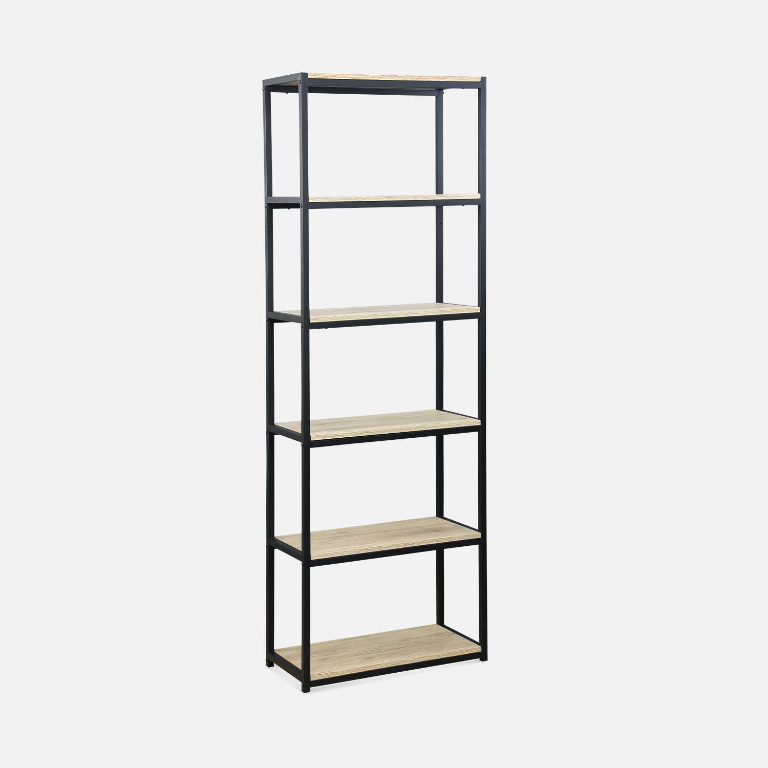 Schwarzes Metallregal mit Ablagen in Holzdesign  - Loft - Bücherregal auf 6 Ebenen, 60x30x180cm | sweeek
