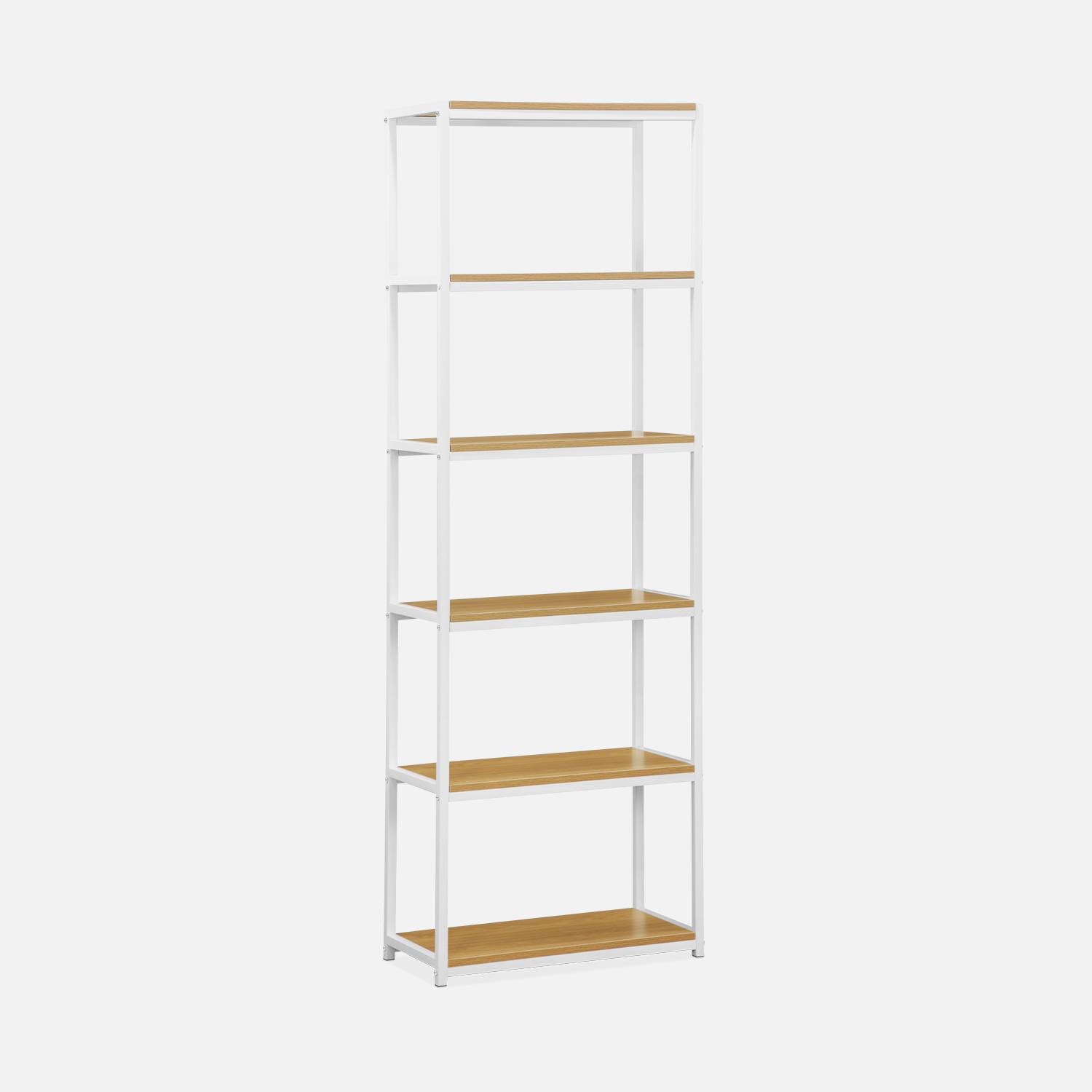 Weisses Metallregal mit Ablagen in Holzdesign - Loft - Bücherregal auf 6 Ebenen, 60x30x180cm Photo2