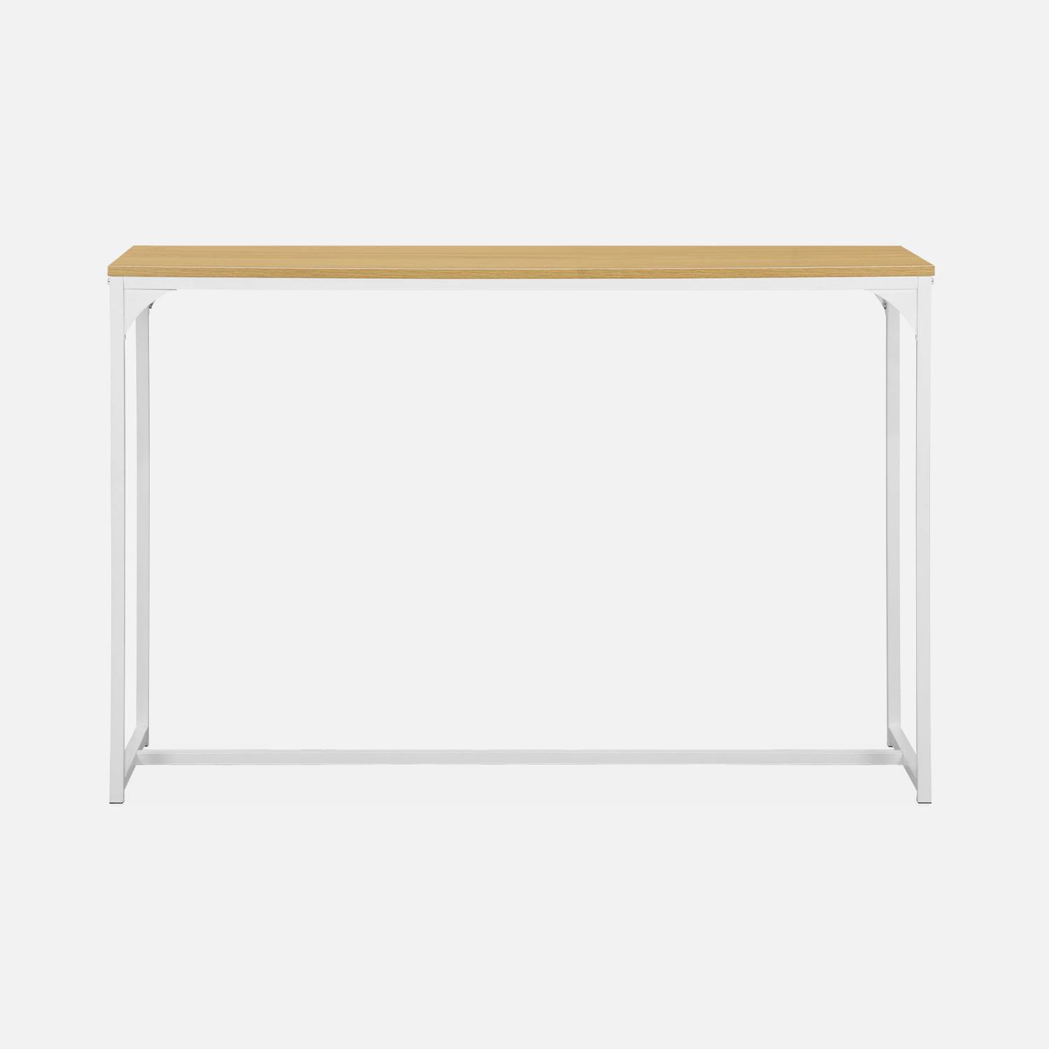 Sidetable van wit metaal en tafelblad met houtlook, 120x39x79cm, bijzettafel met 1 verstevigingsbalk ,sweeek,Photo3