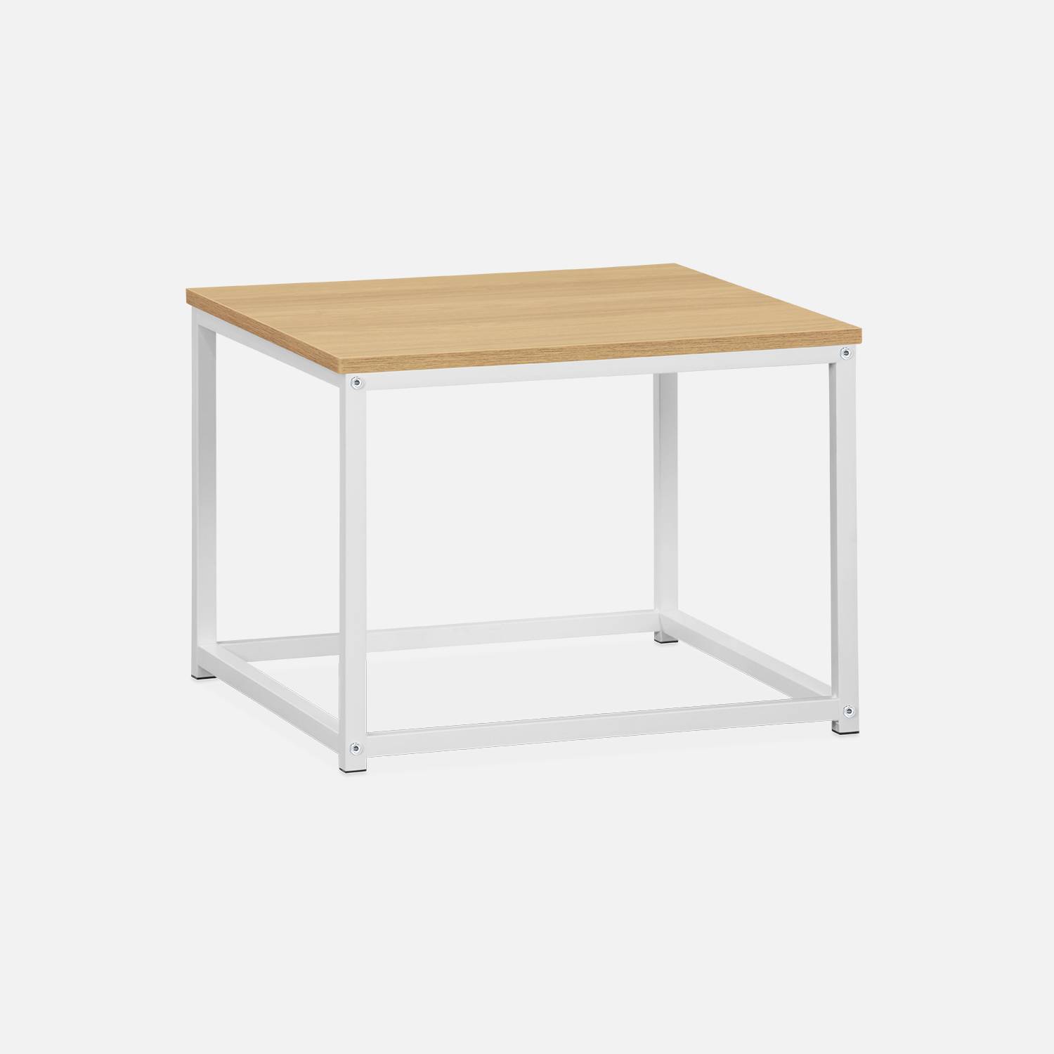 Set van 3 salontafels van mat wit metaal en houtlook, inschuifbaar, 1x100x60x45cm / 2x50x50x38cm,sweeek,Photo5
