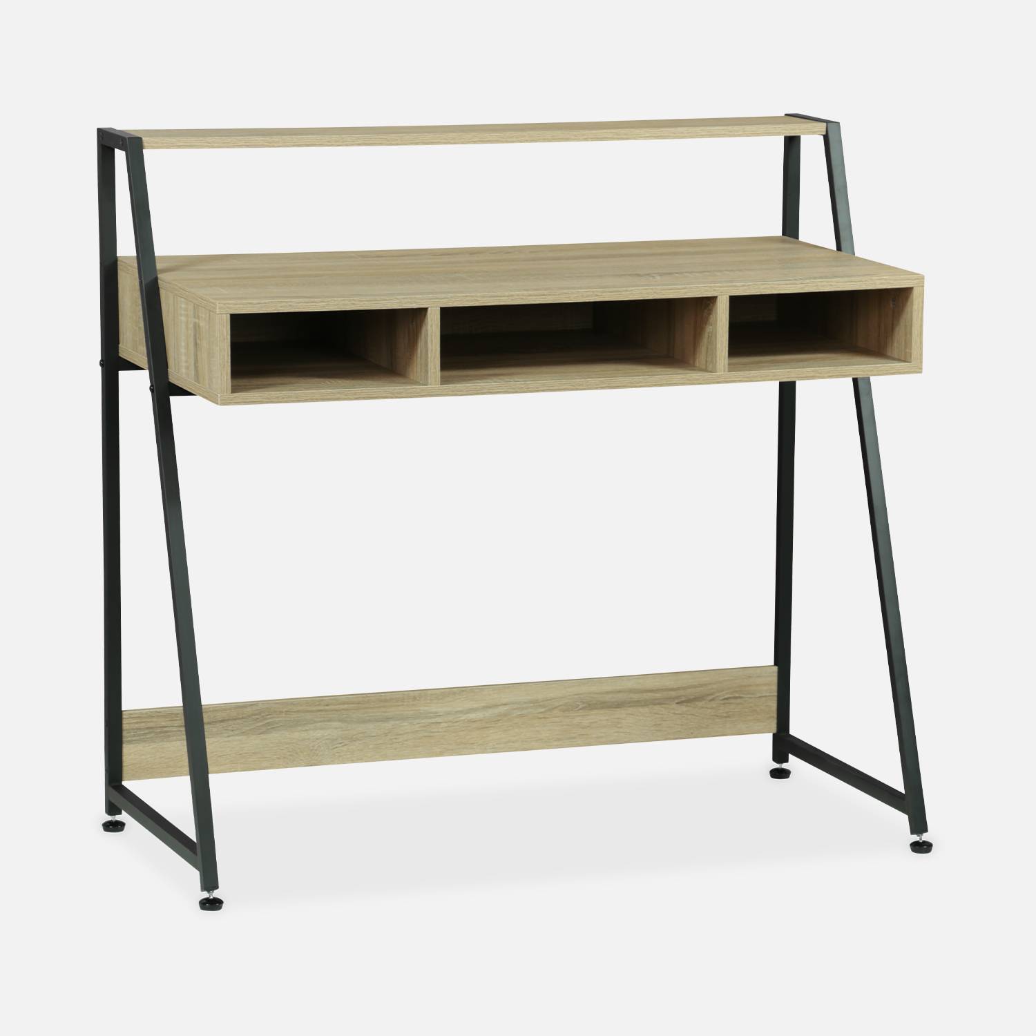Schreibtisch - LOFT - 3 Aufbewahrungsfächer - 1 Regal - Holzdekor und Metall - L 100 x B 48 x H 94,5 cm,sweeek,Photo2