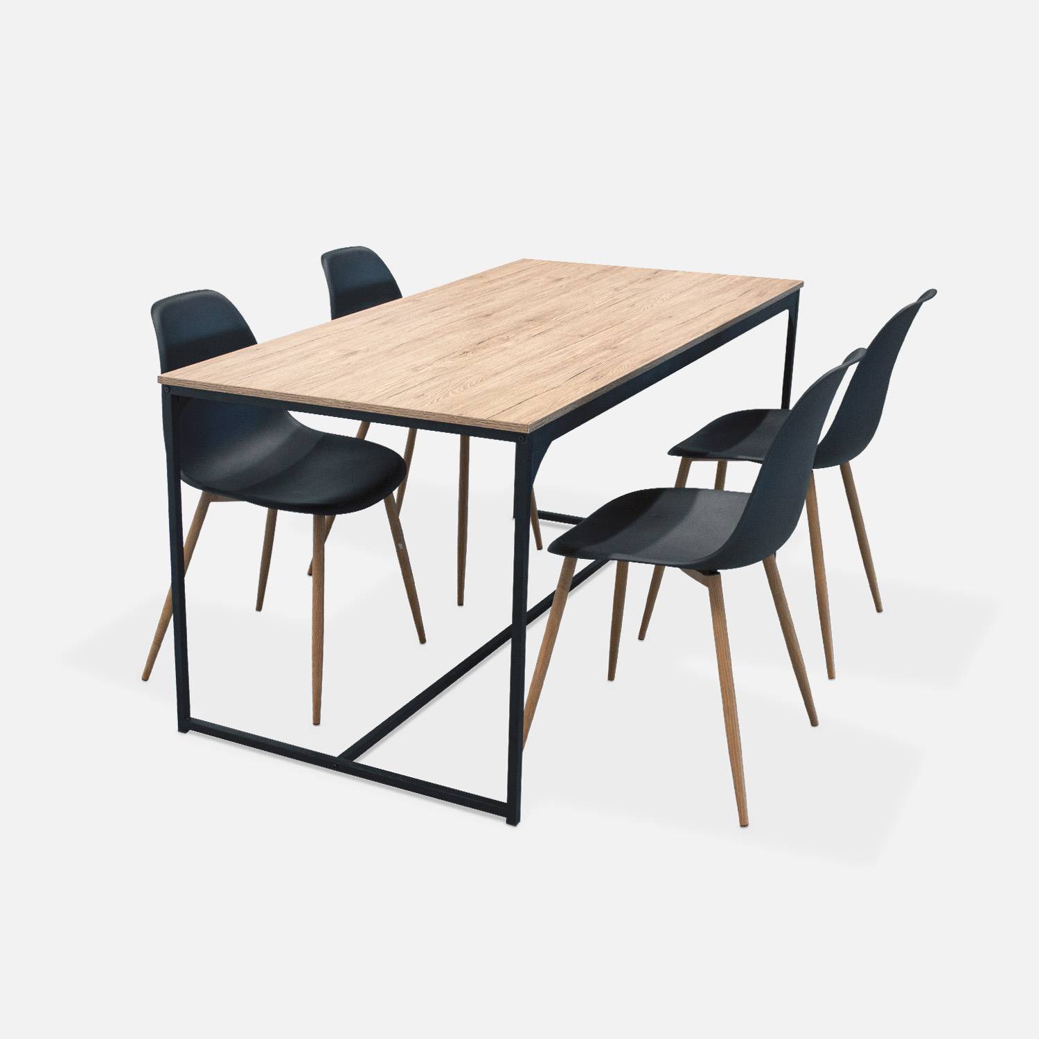 Rechthoekige eettafel zwart metaal 150cm + 4 eetkamerstoelen stoelen, houtkleurige metalen poten, zwarte zitting,sweeek,Photo2