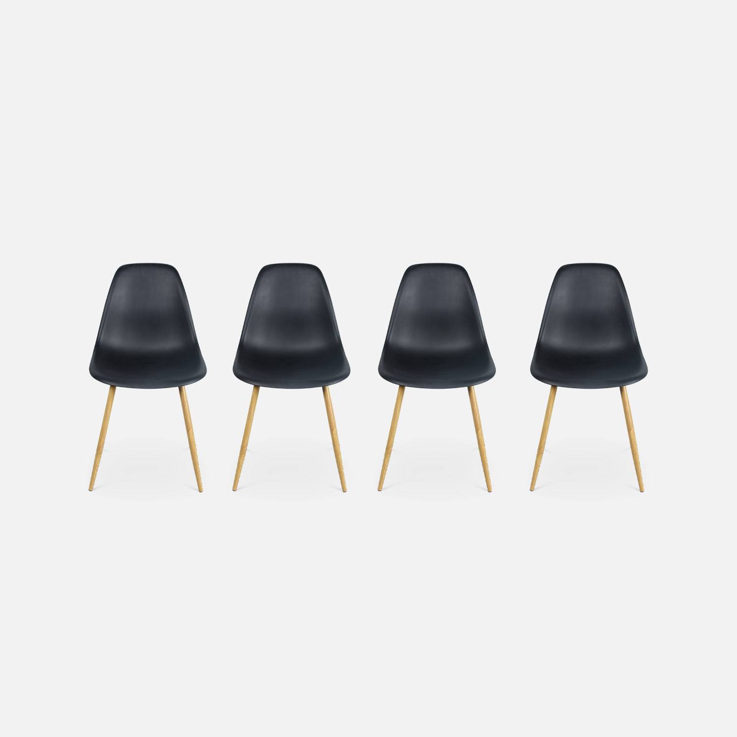 Rechthoekige eettafel zwart metaal 150cm + 4 eetkamerstoelen stoelen, houtkleurige metalen poten, zwarte zitting Photo5