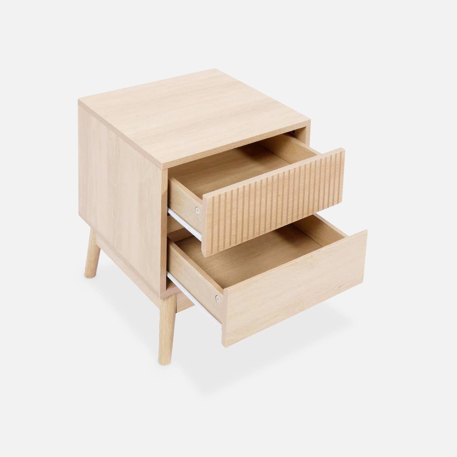 Grooved wooden bedside table with 2 drawers, 40x39x48cm, Linear - Natural Wood colour,sweeek,Photo4