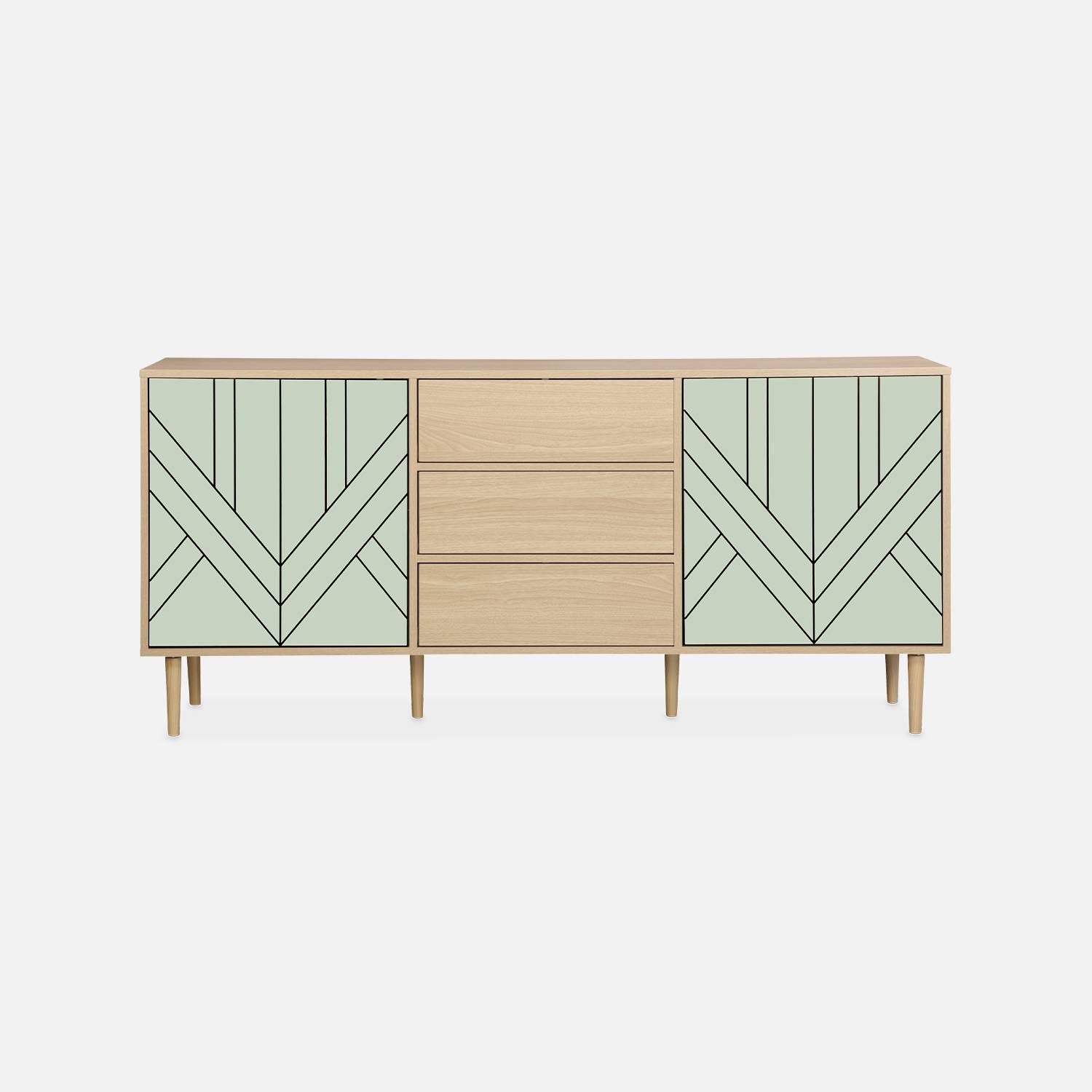 Sideboard in Holzdekor, Farbe Wassergrün - Mika- 2 Ebenen - 2 Türen- 3 Schubladen. L 160 x B 40 x H 74 cm Photo3