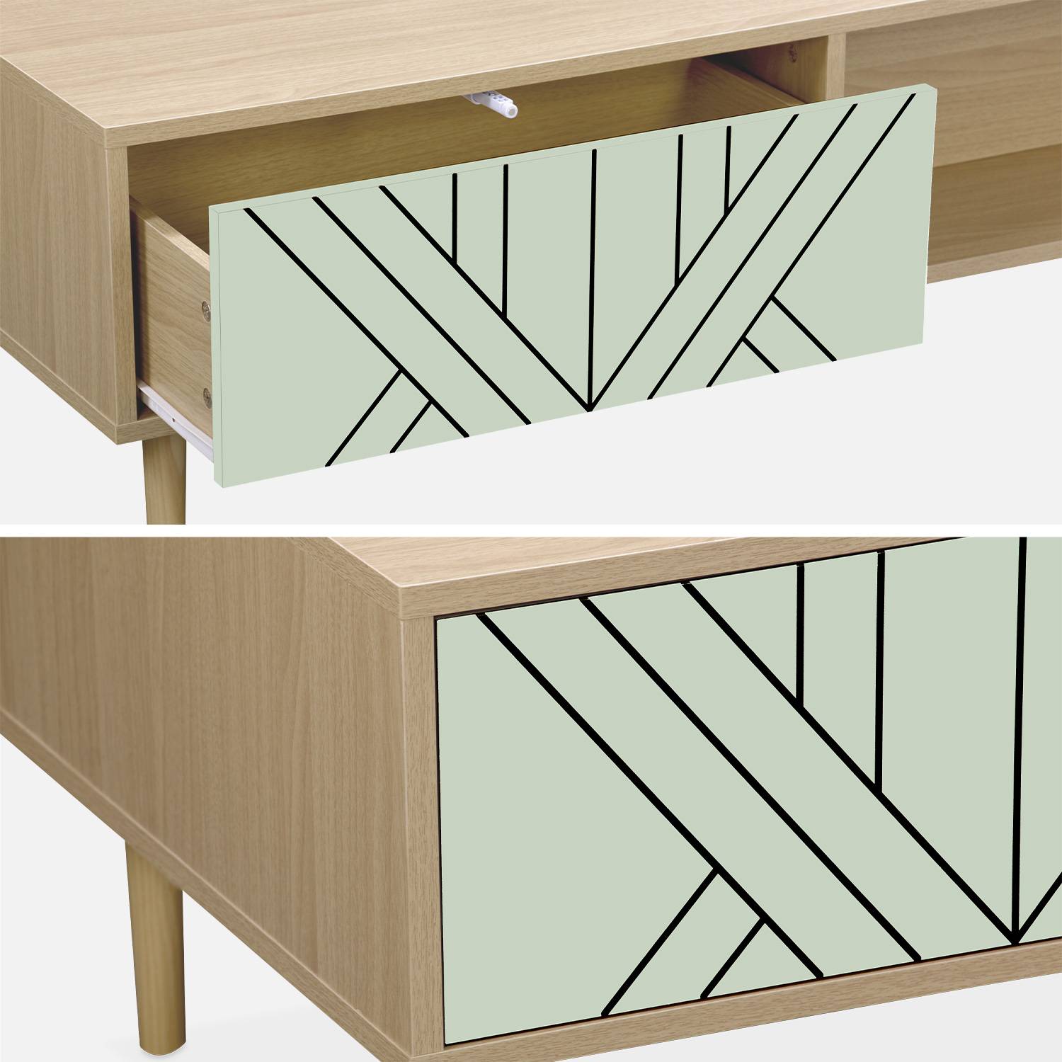 Tavolino in legno e verde acqua - Mika - 2 cassetti, 2 vani portaoggetti, L 120 x L 55 x H 40cm,sweeek,Photo5